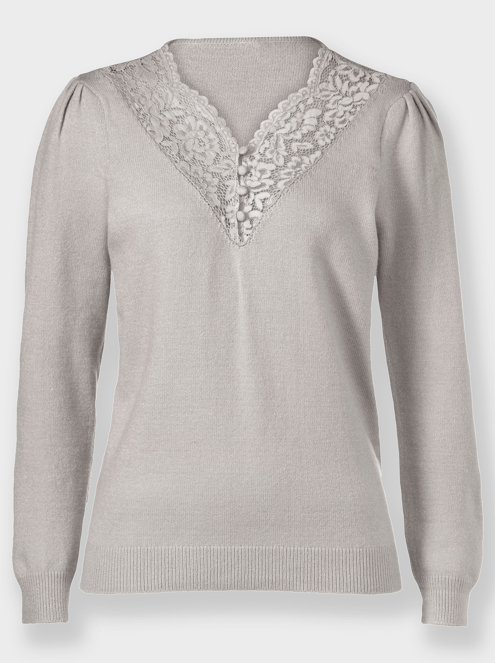 Langarm-Pullover mit Spitzen-Verzierung - hellgrau