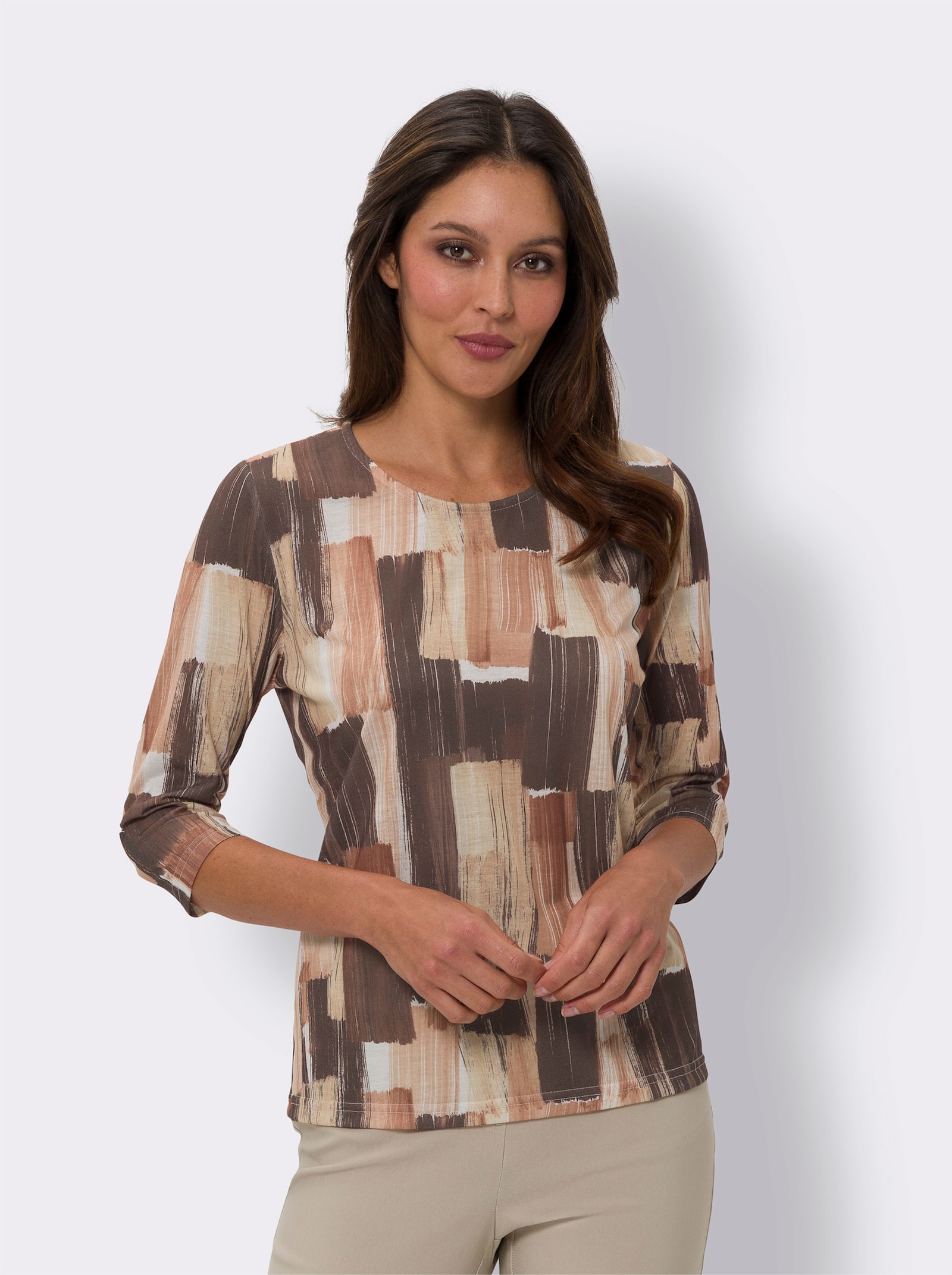 Tričko s 3/4 rukávem a celoplošným potiskem - čokoládová-velbloudí-potisk