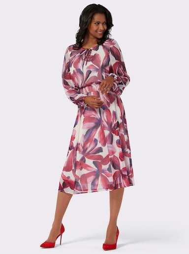 Blumenkleid mit Smok-Einsätzen - champagner-burgund-bedruckt