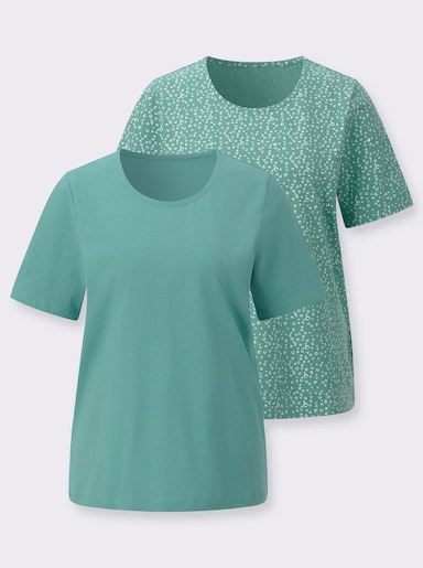 Rundhalsshirt im 2er-Pack - salbei-weiß-getupft + salbei