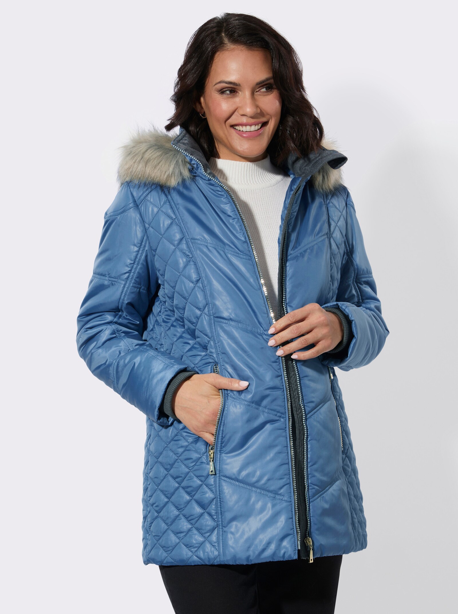 Steppjacke mit Kapuze mit Pelz-Imitat - mittelblau
