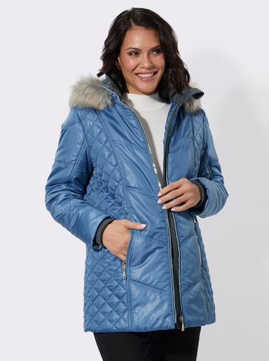 Steppjacke mit Kapuze mit Pelz-Imitat - mittelblau