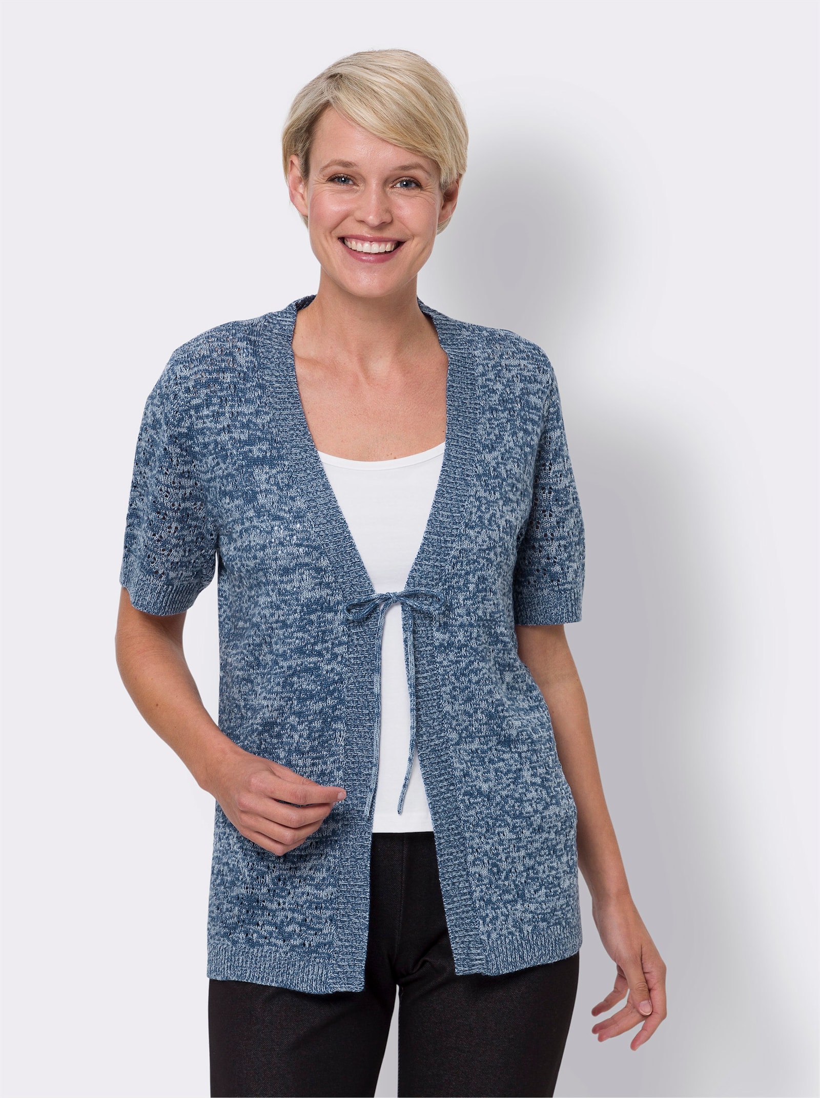 Ajourstrickjacke mit Bindeband - jeansblau-meliert