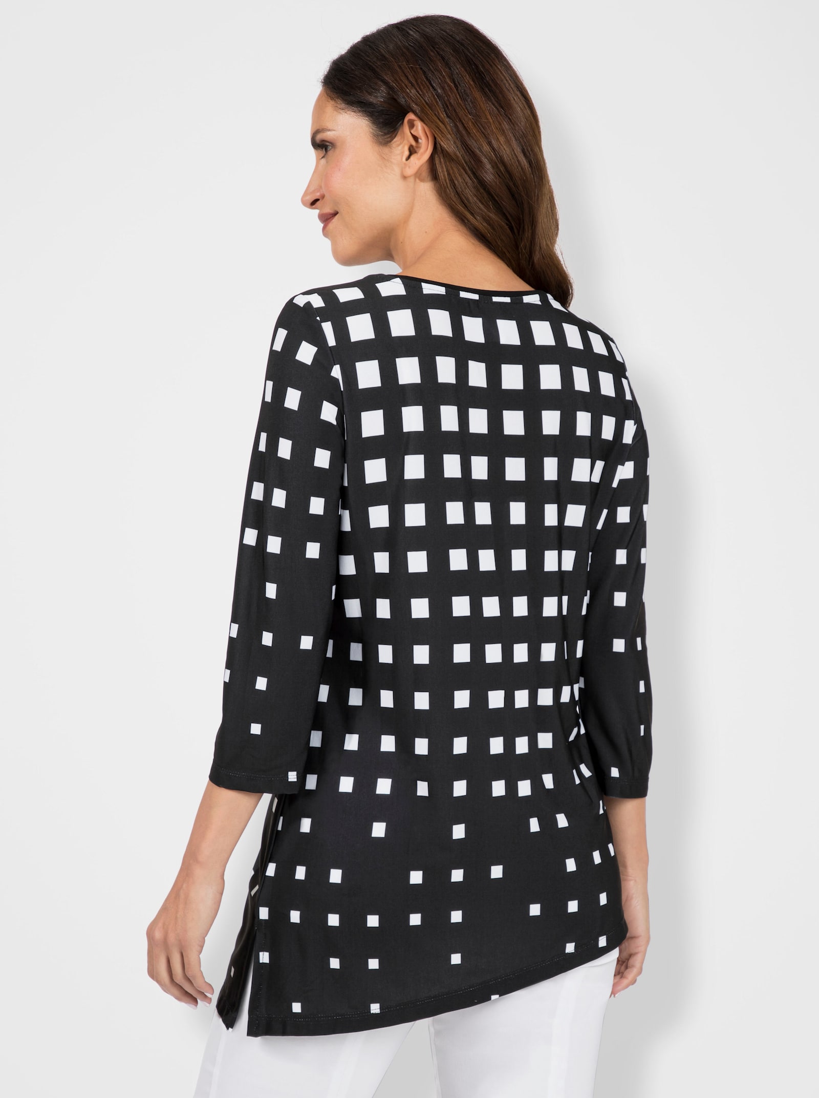 3/4-Arm-Shirt mit asymmetrischem Saum - schwarz-weiß-bedruckt