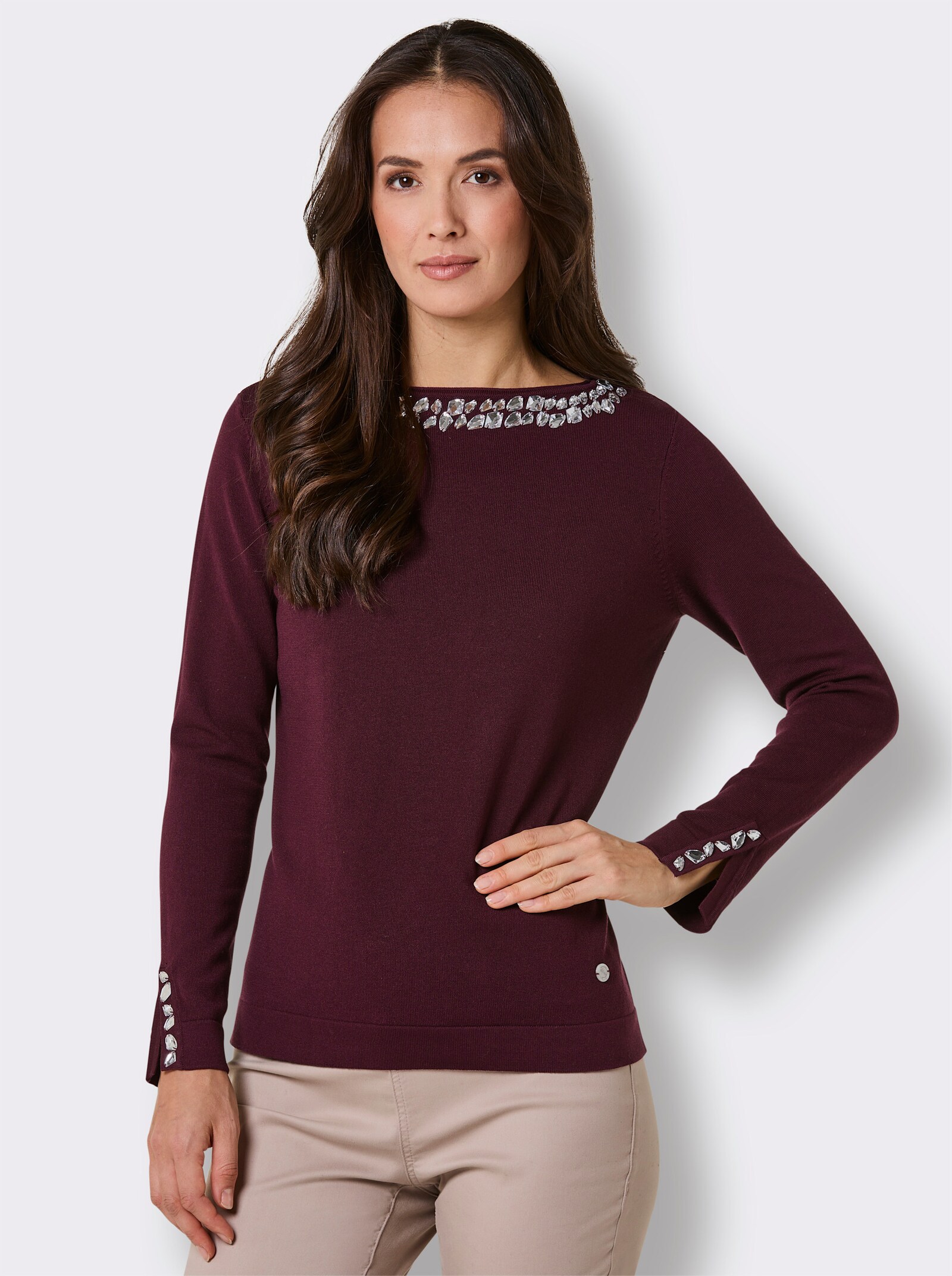 CREATION L PREMIUM Langarm-Pullover mit Strass-Applikationen - burgund