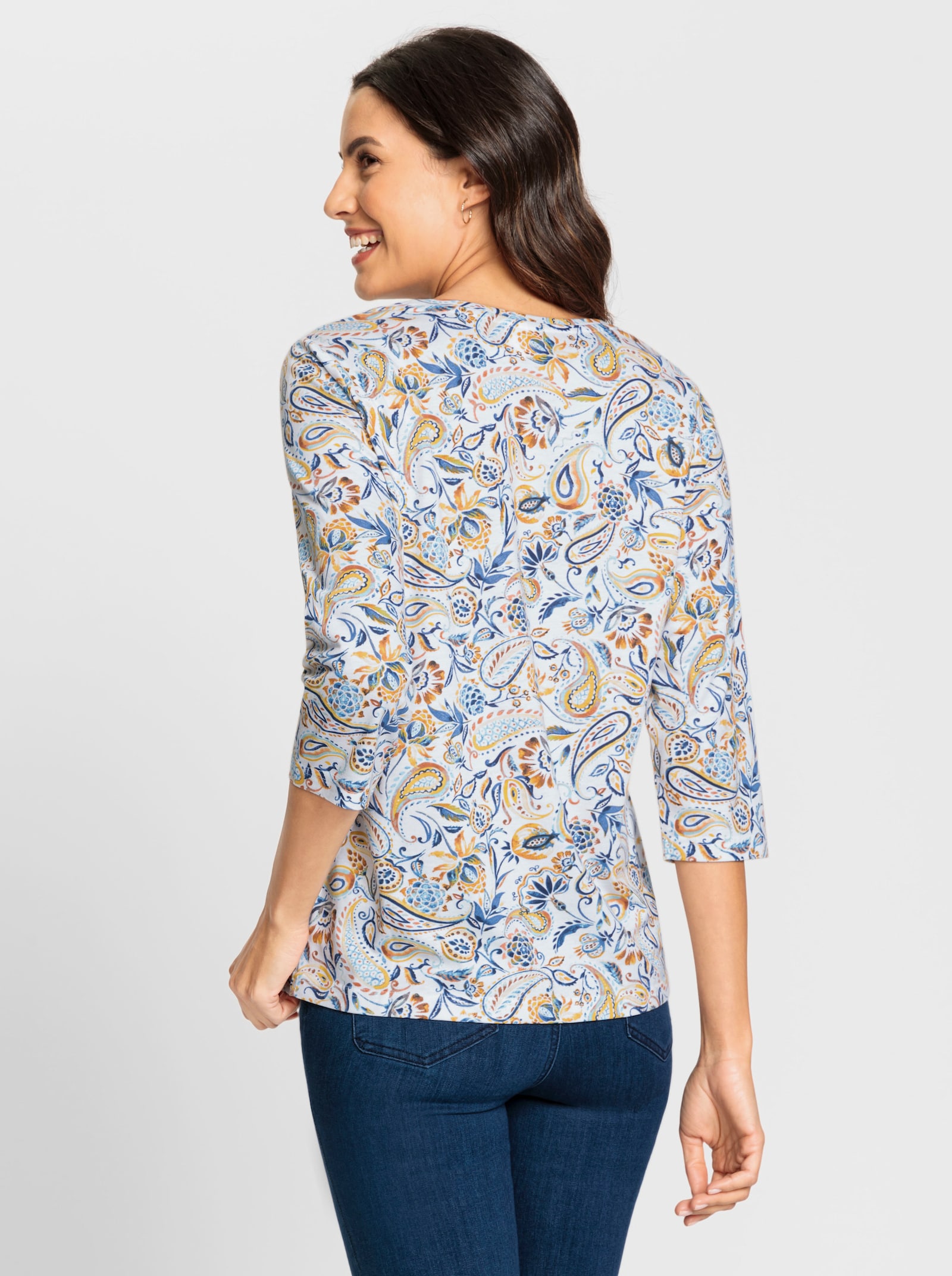 Shirt met print en 3/4-mouwen - oker/jeansblauw bedrukt