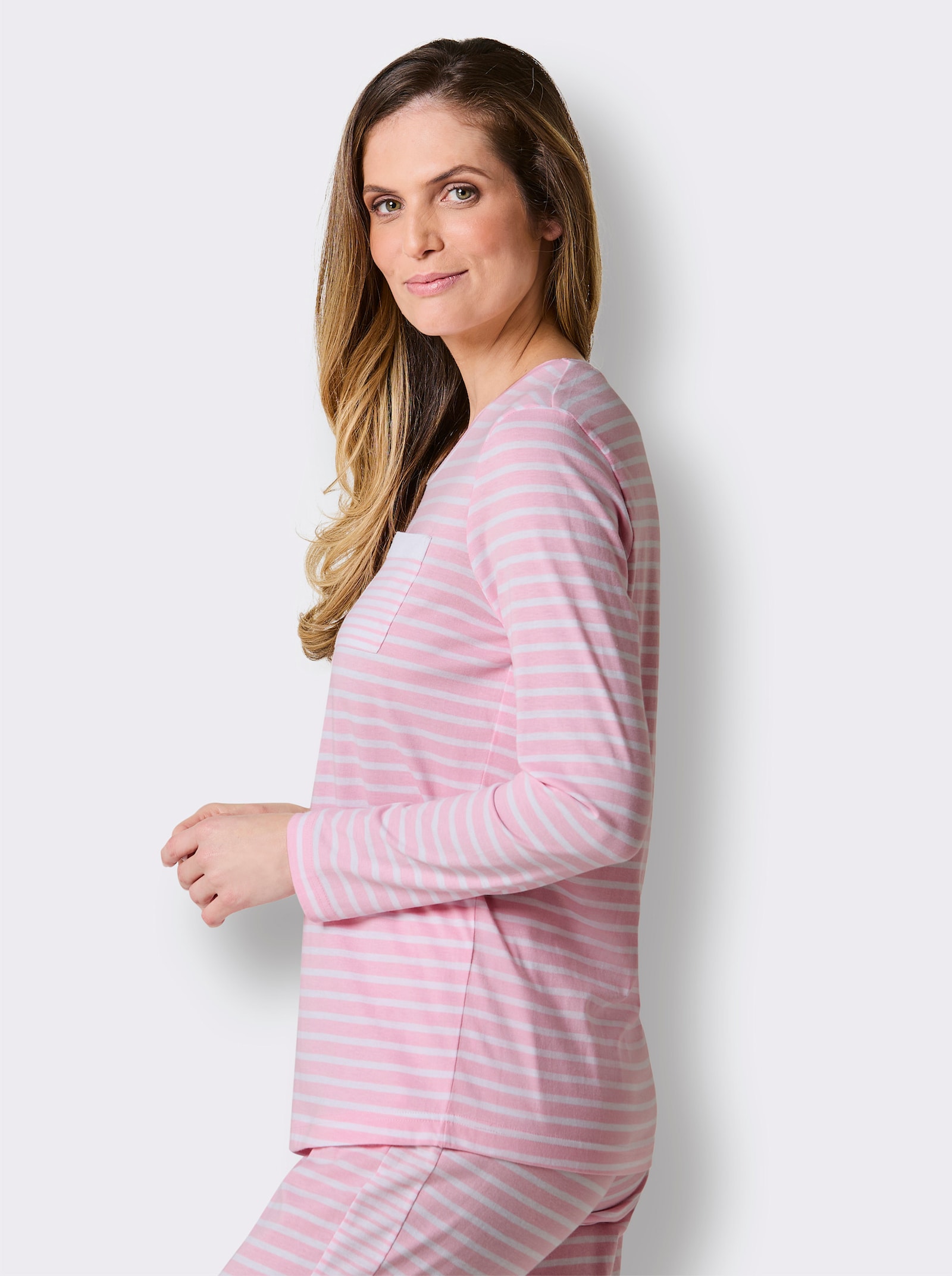 wäschepur Schlafanzug-Shirt - rosé-weiß-geringelt