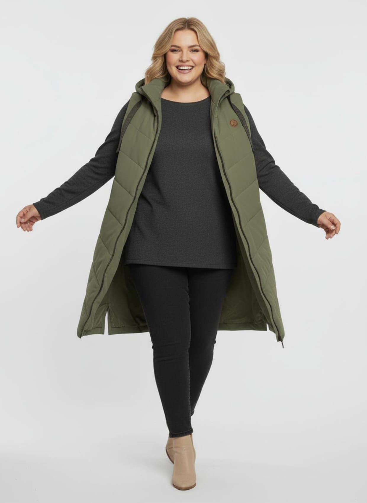 Longweste mit V-Steppung - khaki