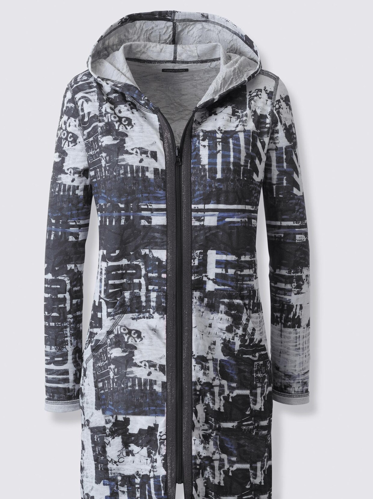 Strickjacke - hellgrau-royalblau-bedruckt