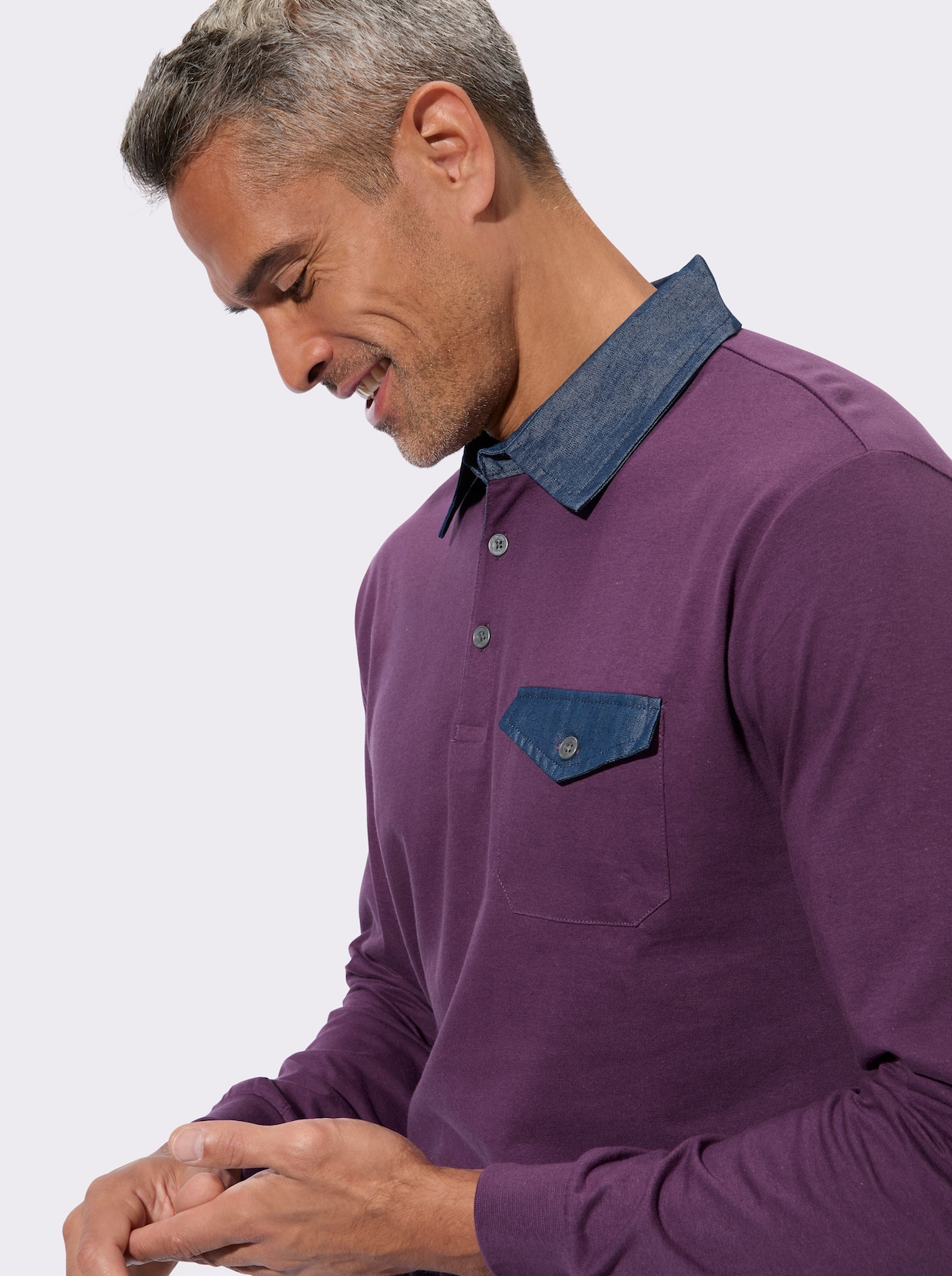 Langarm-Poloshirt mit gewebten Details - traube