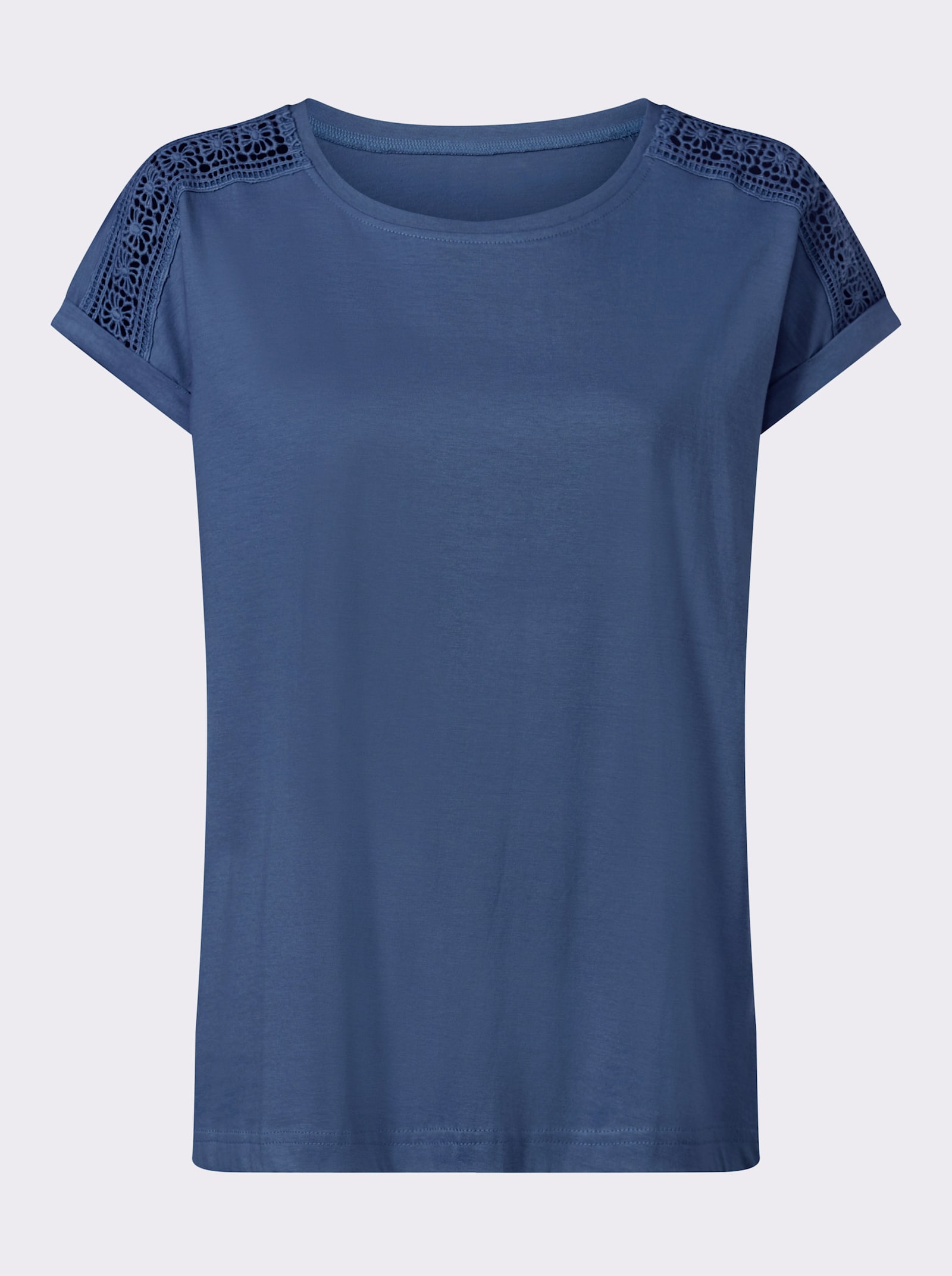 Rundhalsshirt mit Spitze an der Schulter - jeansblau