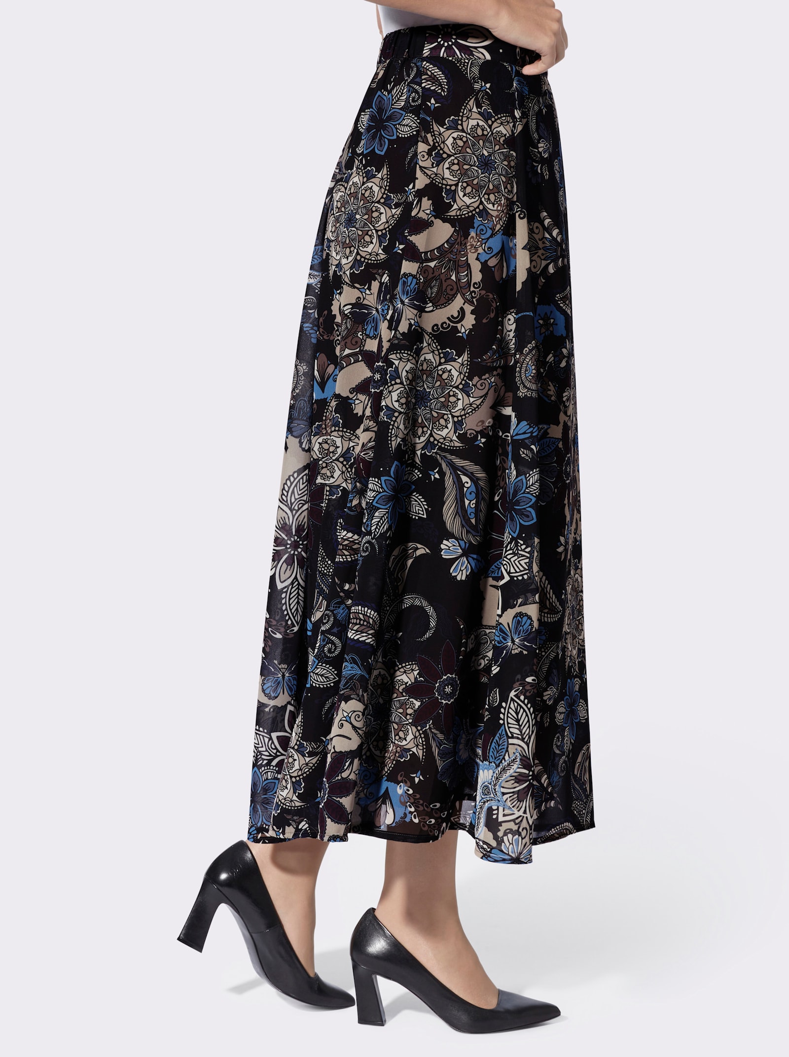 heine A-Linien-Rock in Georgette-Qualität - schwarz-taupe-bedruckt