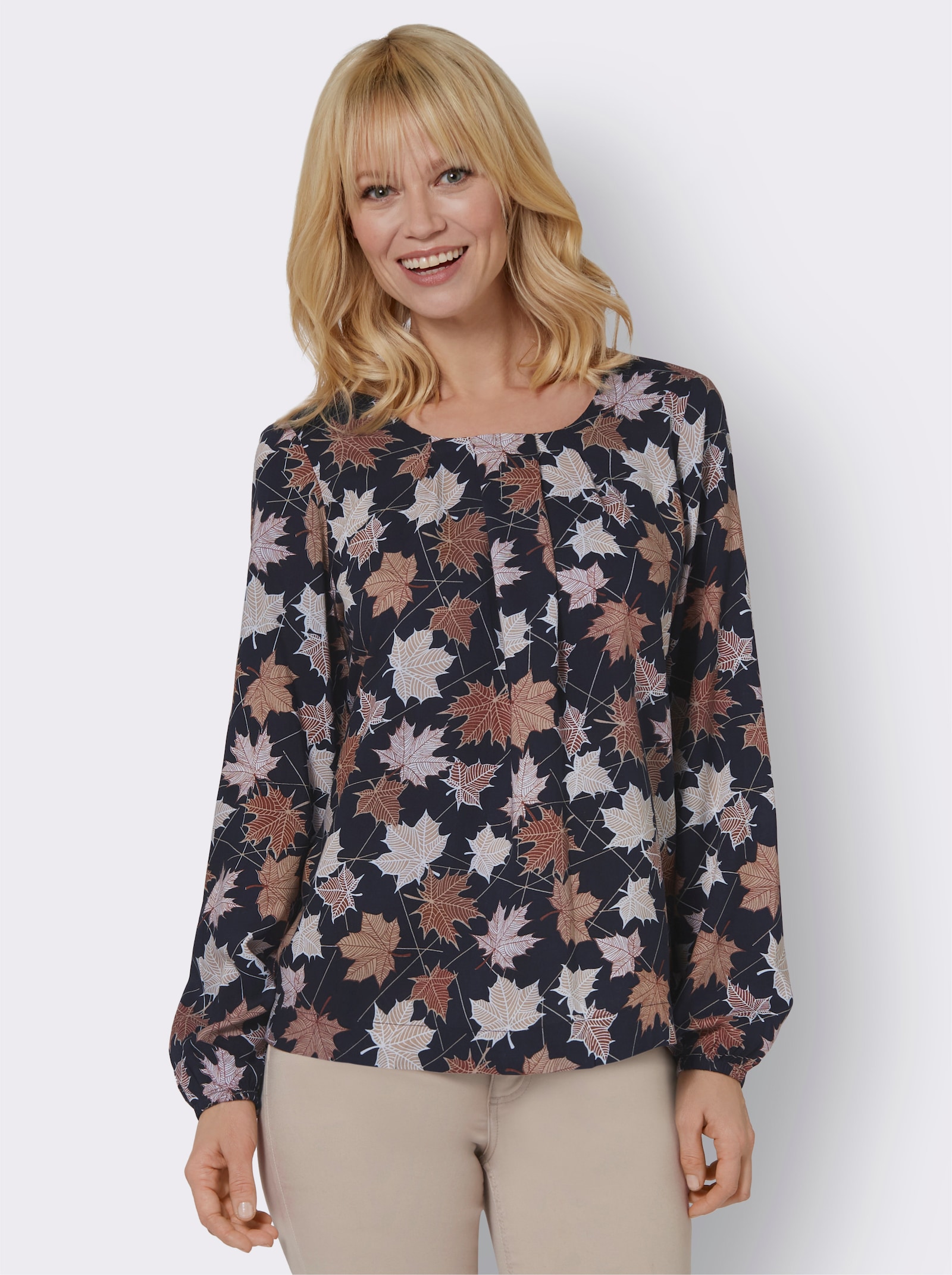 Blouse met lange mouwen en bladerprint - marine/roodbruin bedrukt