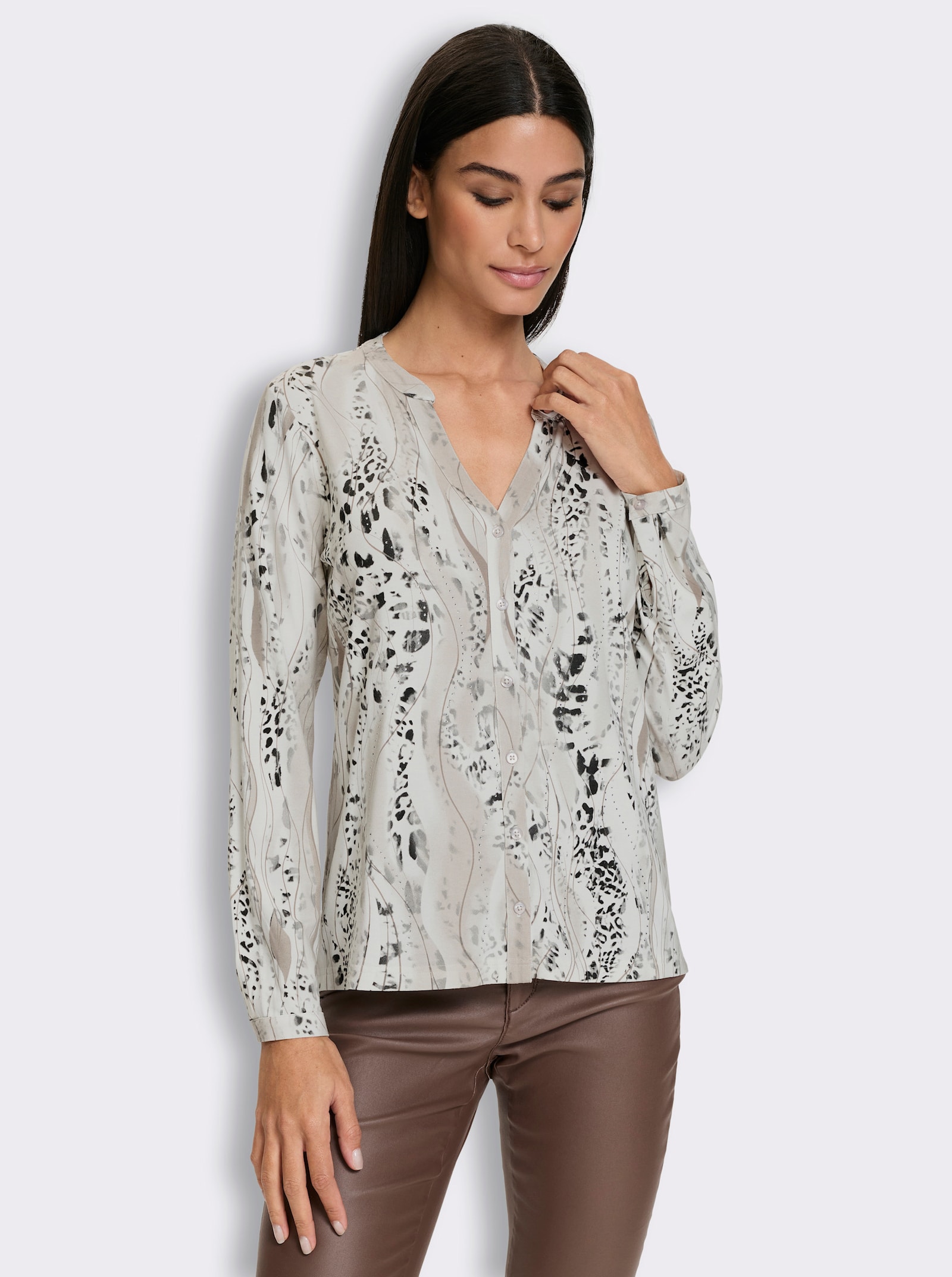 heine Jersey-Bluse - hellgrau-ecru-bedruckt