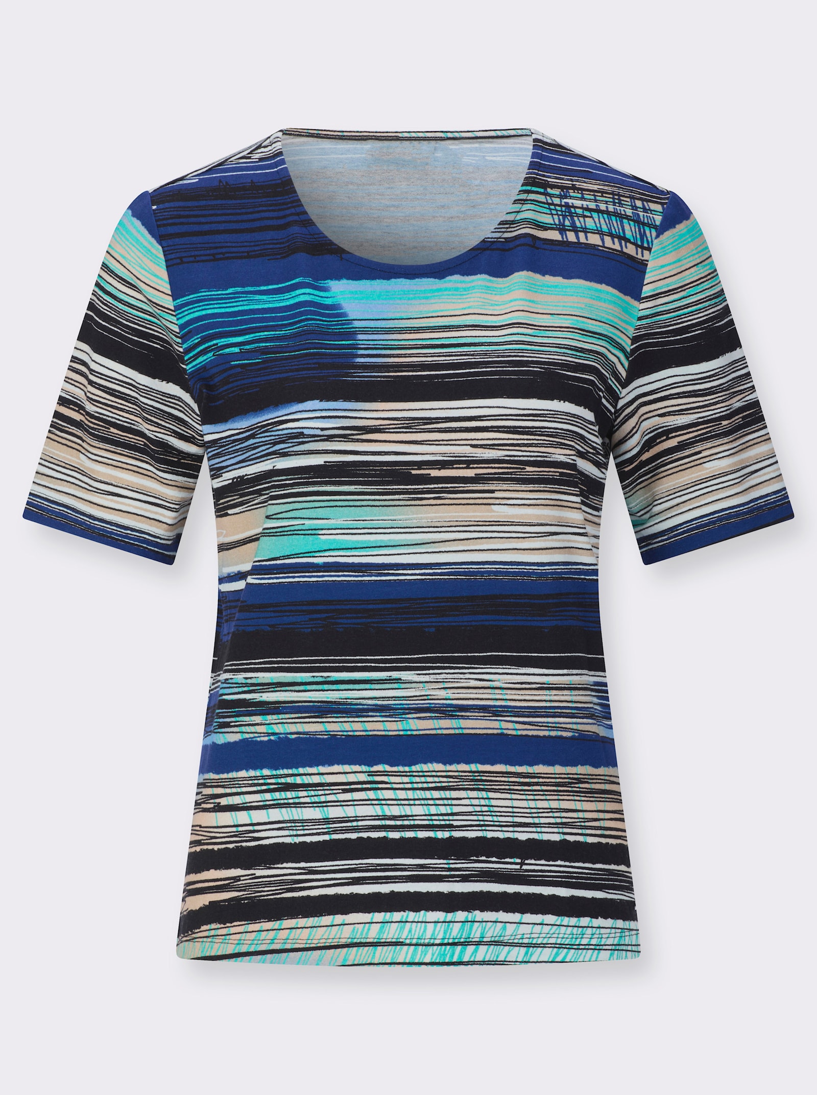 Rundhalsshirt in Viskose-Stretch-Qualität - royalblau-ecru-bedruckt