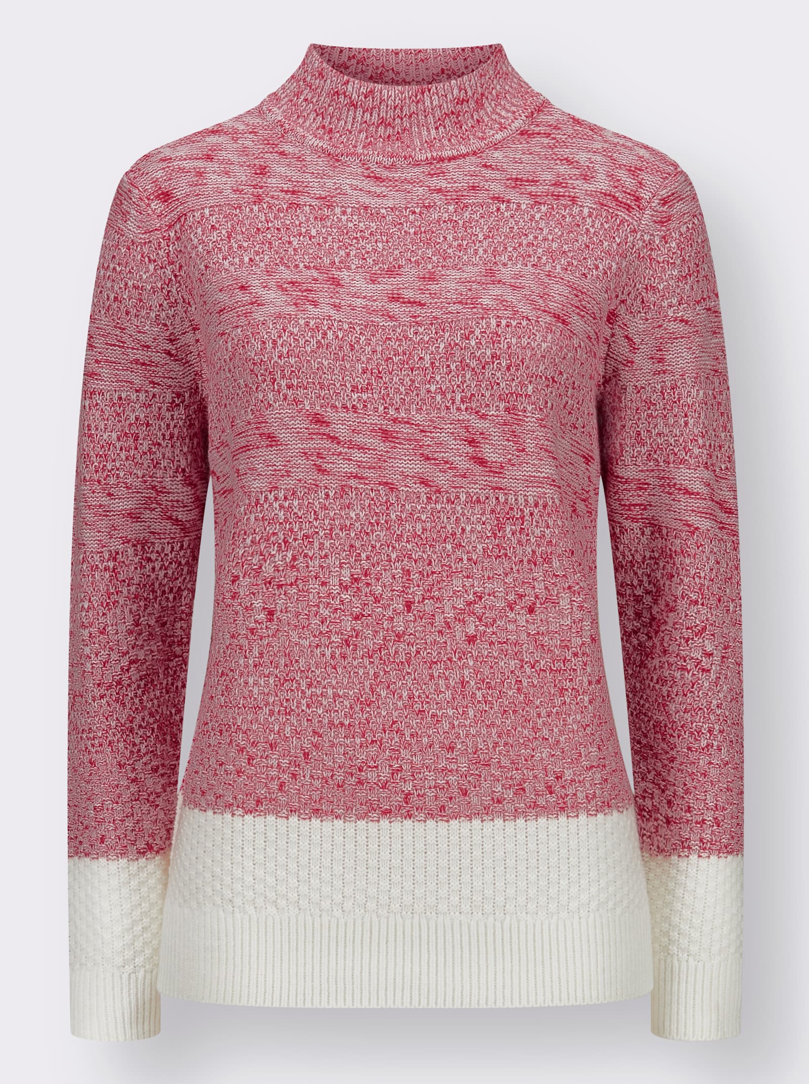 Stehkragenpullover mit Strickmuster-Mix - rot-ecru-meliert