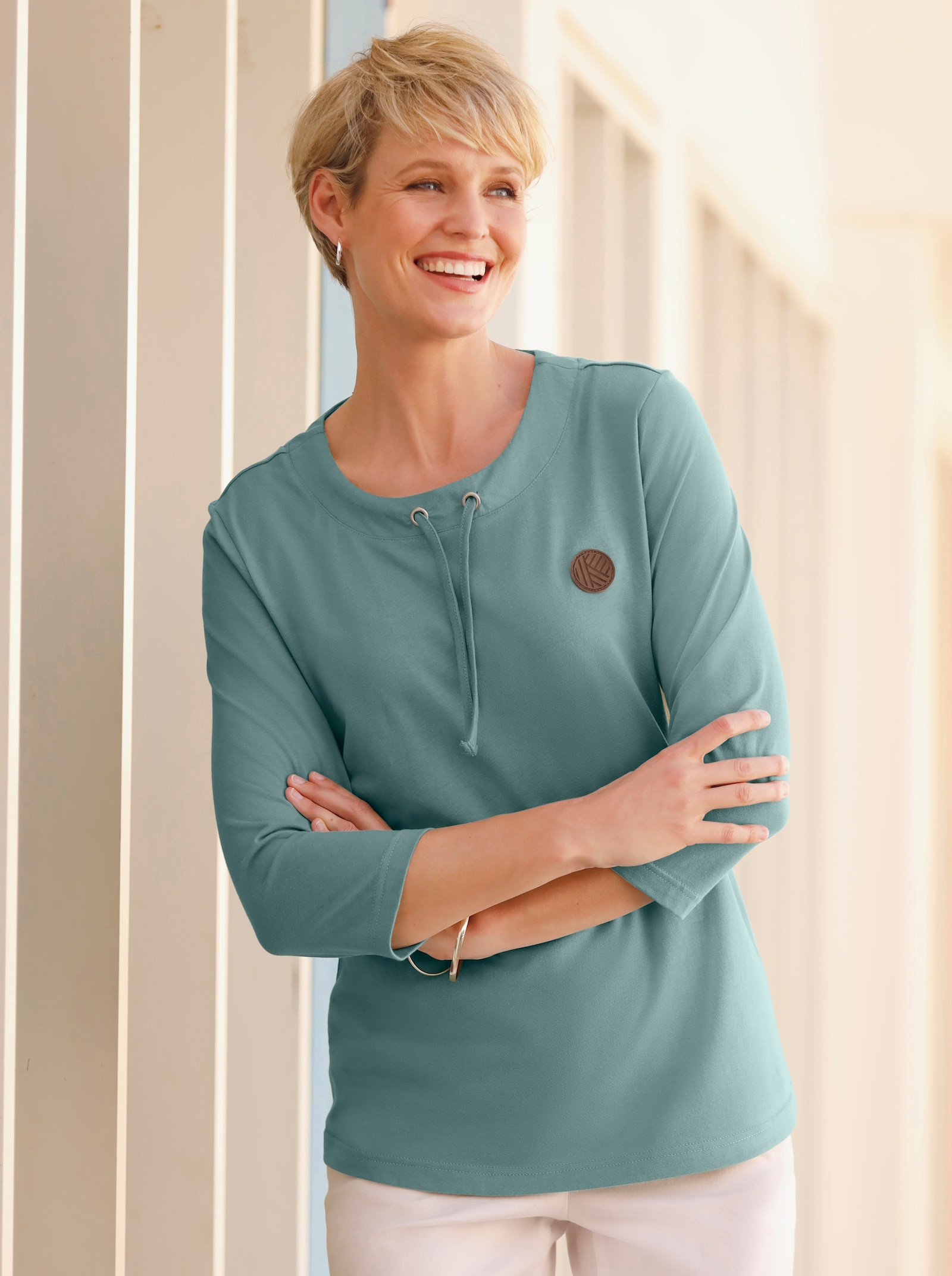 Tričko s 3/4 rukávem a kulatým výstřihem s tunýlkem - nefritová