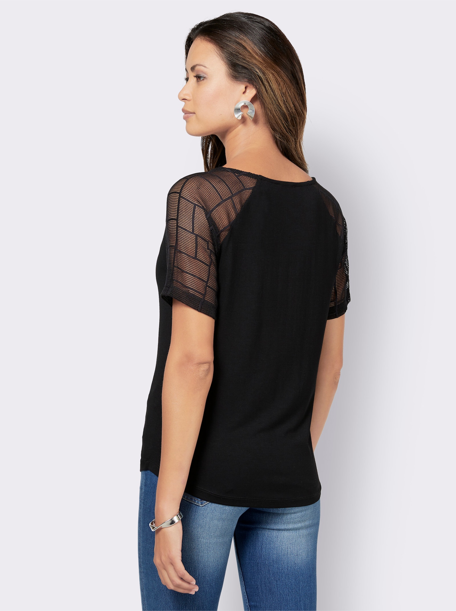 Spitzenshirt mit transparenten Ärmeln - schwarz