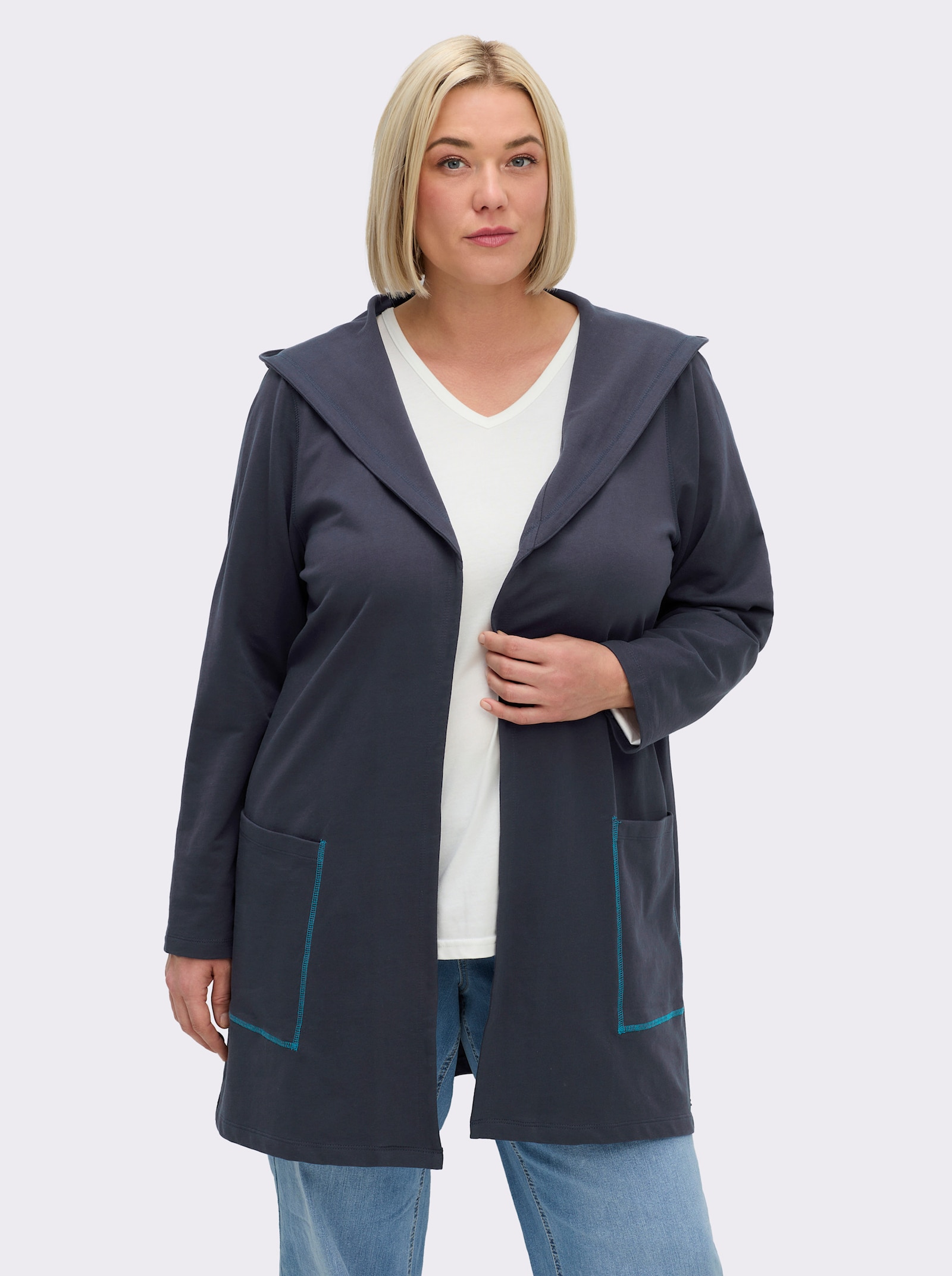 sheego Sweatjacke mit Kapuze, verschlusslos - tiefblau