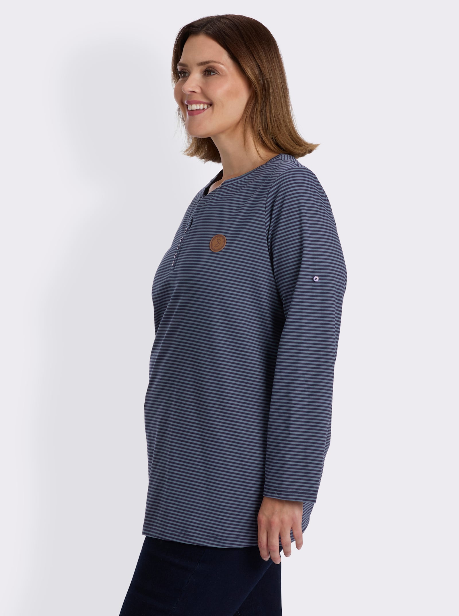 sheego Ringelshirt mit Krempelärmeln - rauchblau-marine-geringelt