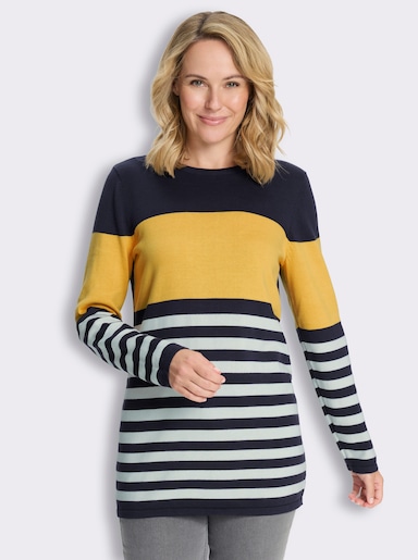 Longpullover mit Streifen-Muster vorne - gelb-marine-geringelt