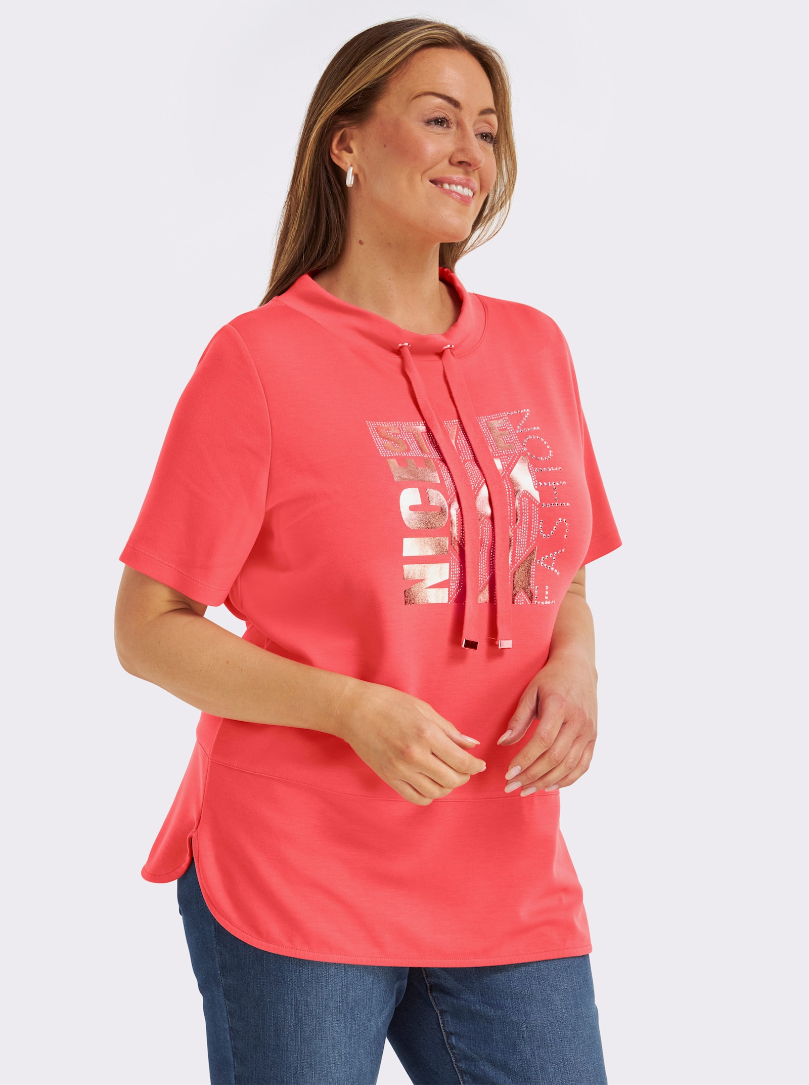 Kurzarmshirt mit Stehkragen - koralle