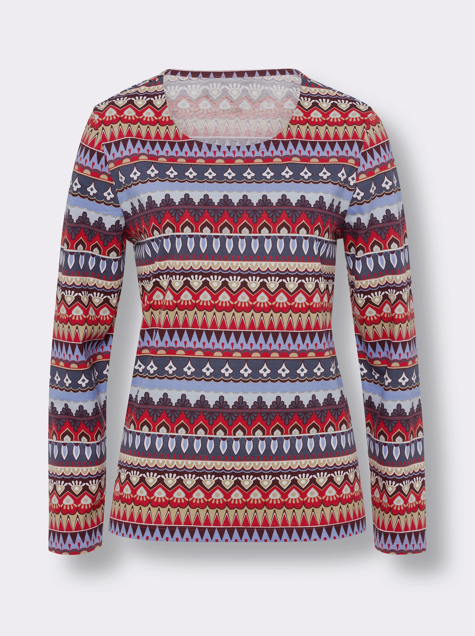 Tričko s dlouhým rukávem a grafickými proužky - kouřová modrá-jahodová-potisk