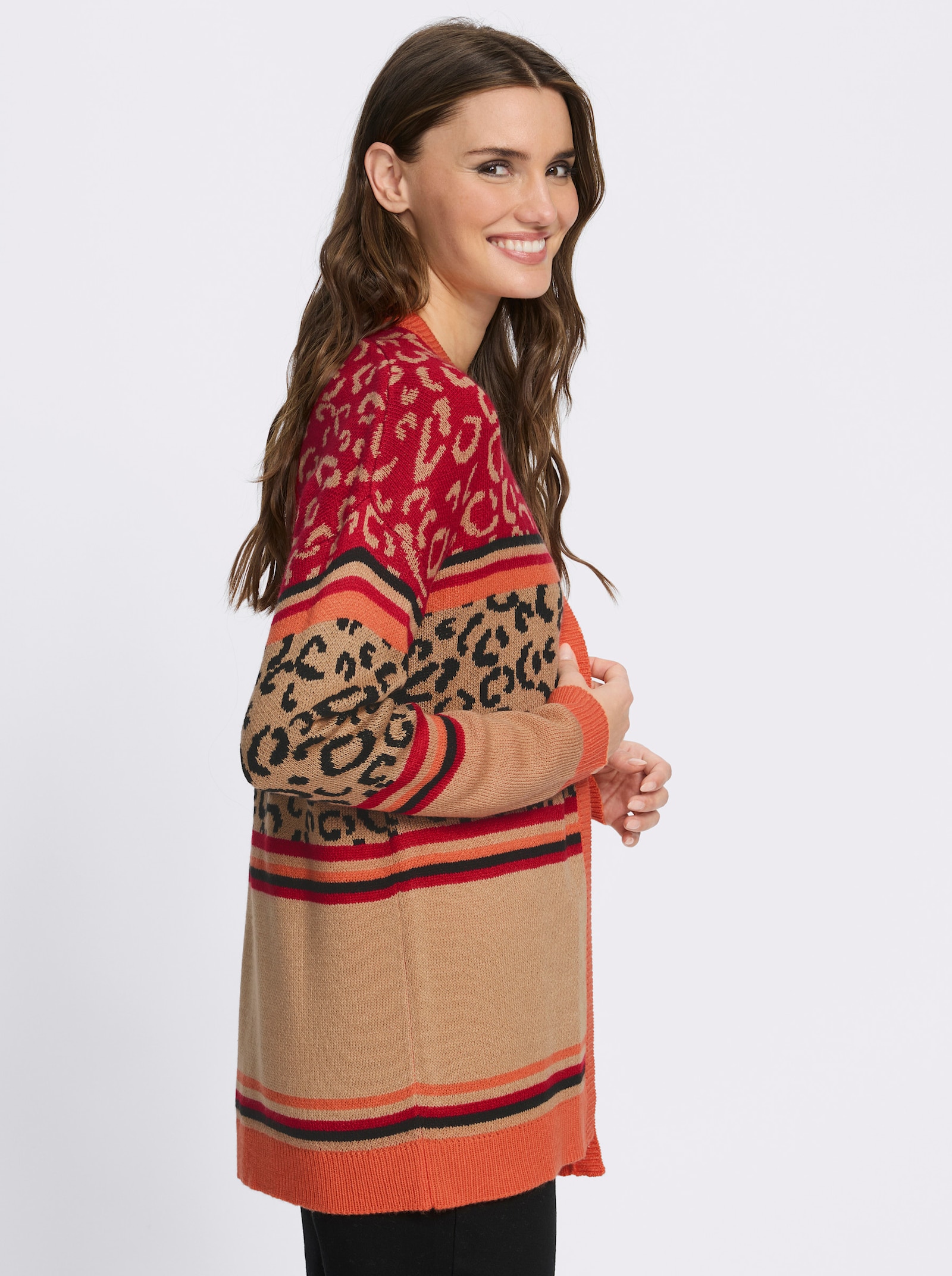 Longstrickjacke mit Leo-Muster und Streifen - camel-orange-gemustert