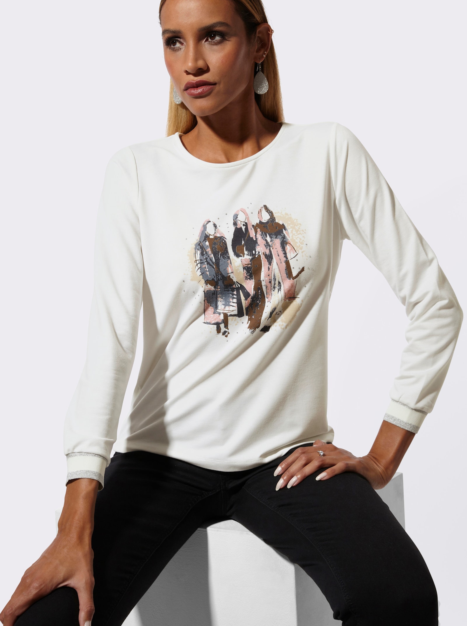 Langarmshirt mit Ziersteinchen - ecru-rosenholz-bedruckt