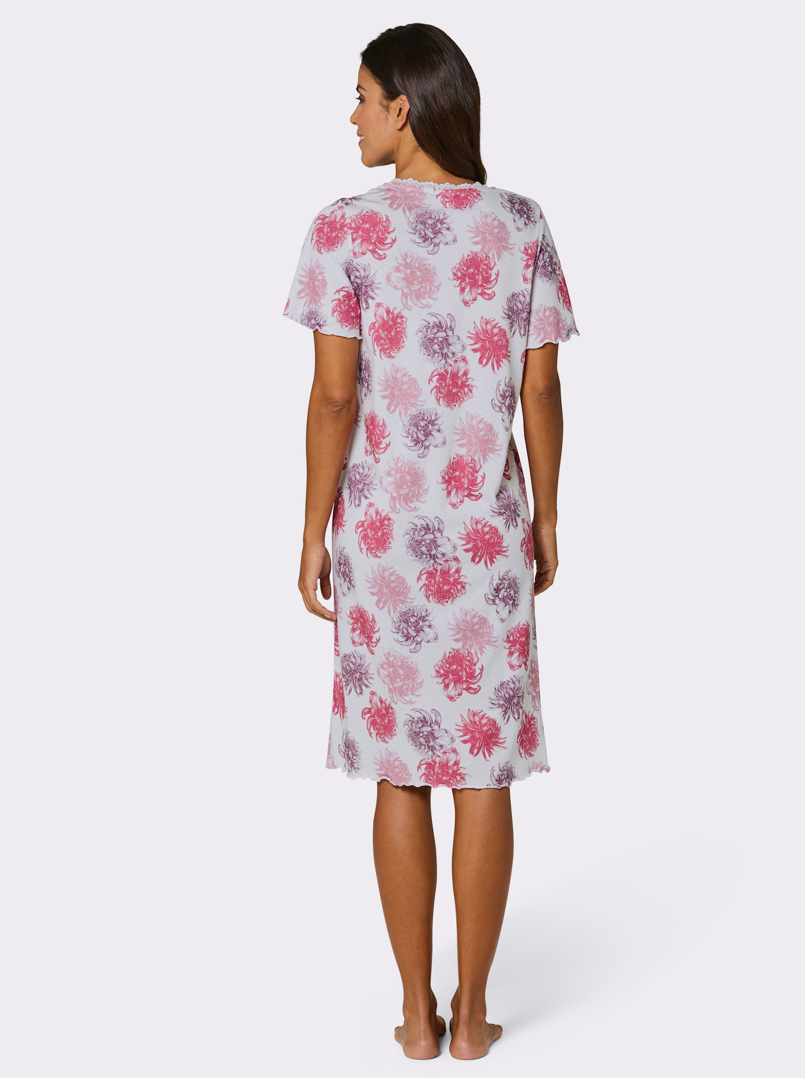 wäschepur Kurzarm-Sleepshirt mit Spitze am V-Ausschnitt - weiß-fuchsia-bedruckt