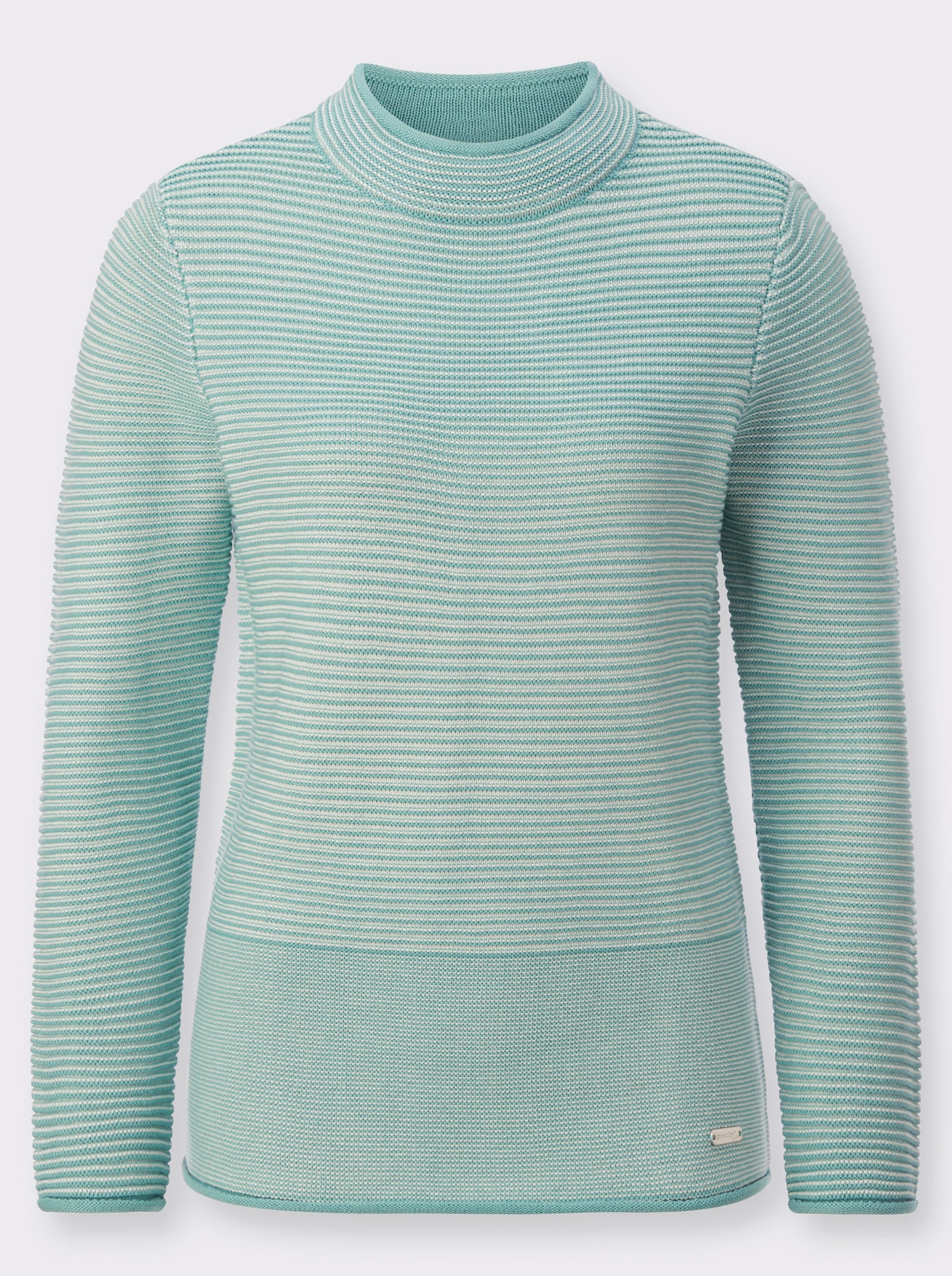 Stehkragenpullover im Linksstrick-Dessin - salbei-ecru-geringelt