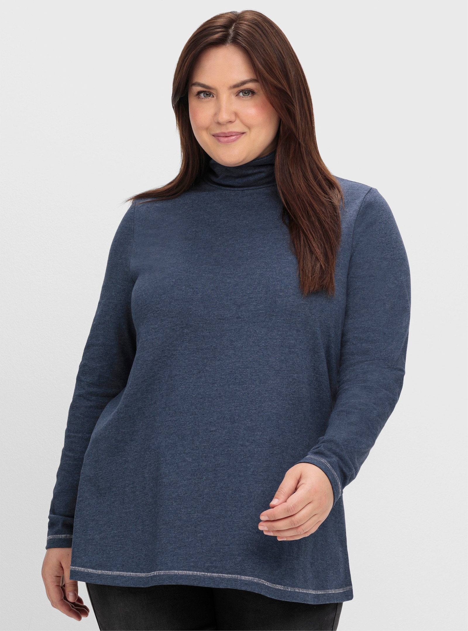 sheego Langarmshirt in femininer A-Linie - saphir-meliert