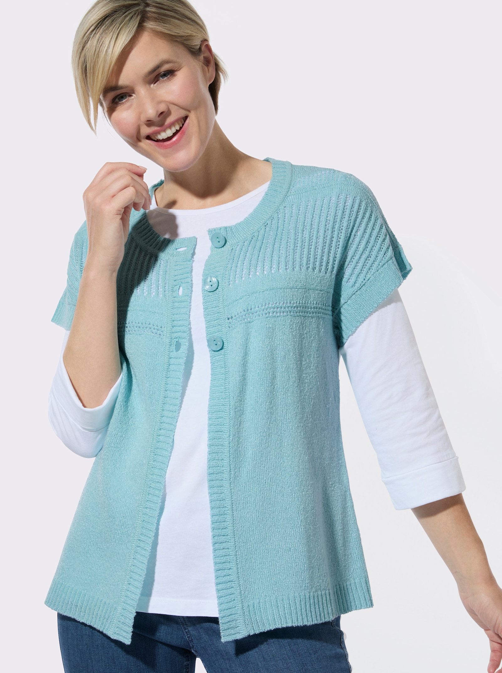 Strickjacke mit Ajourmuster - aquamarin