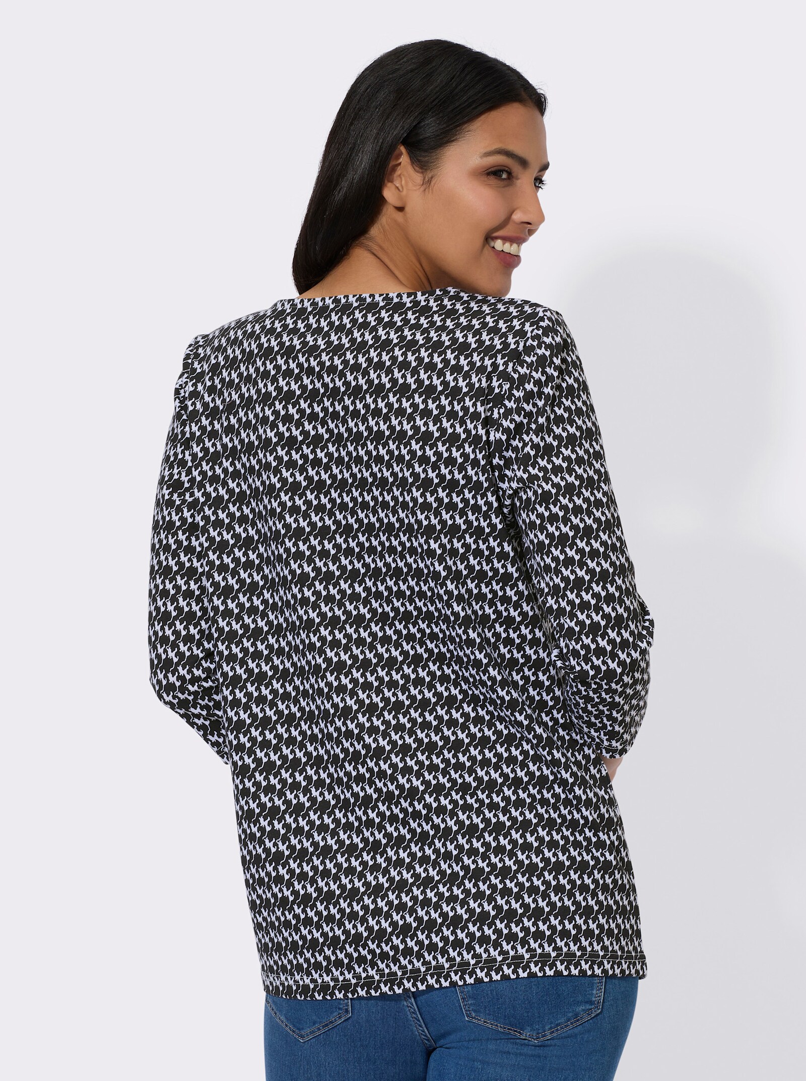 Tričko s 3/4 rukávem a motivem koček - černá-bílá-potisk