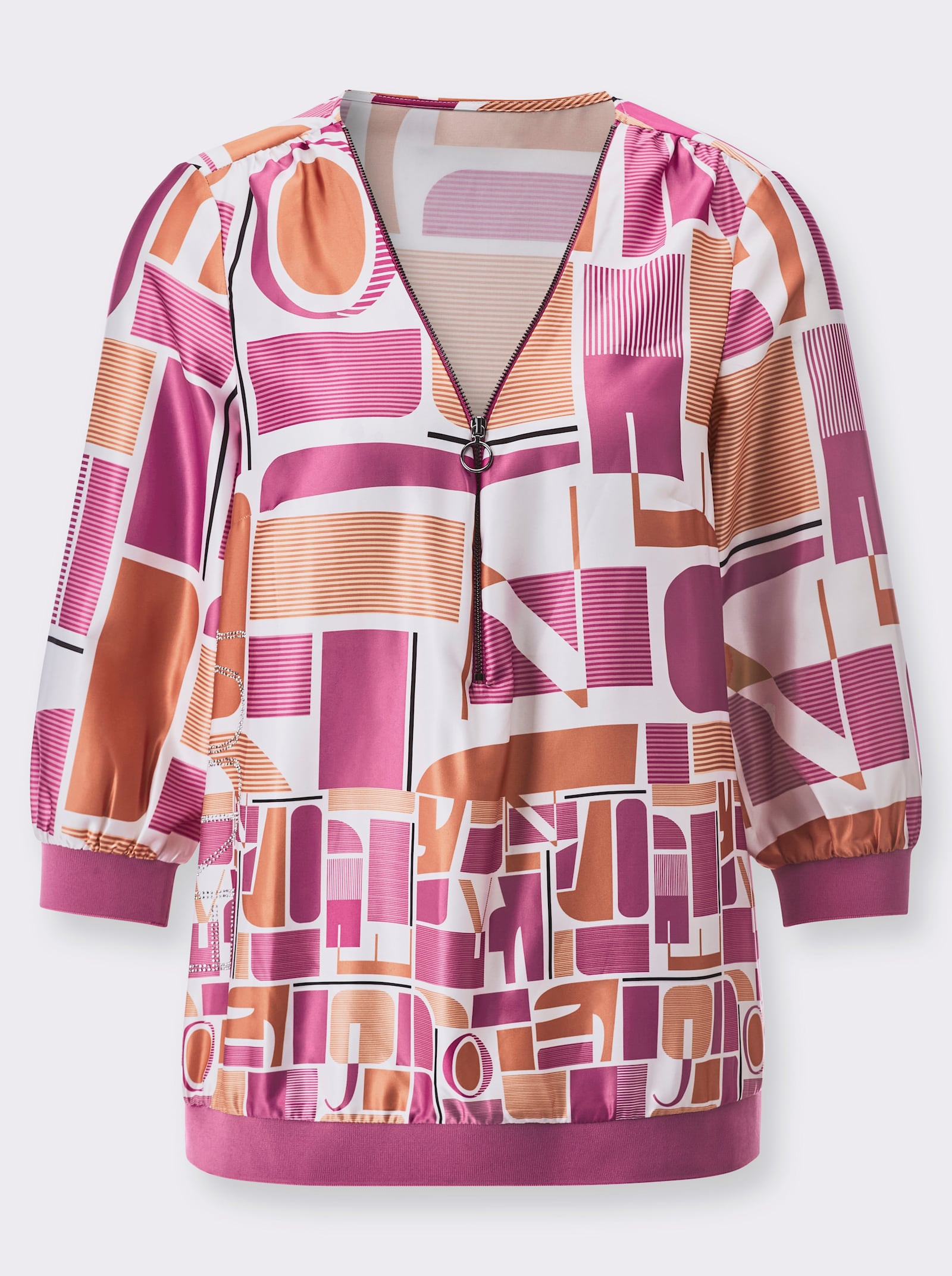 Satinbluse im Grafikdruck mit Schriftzug - papaya-fuchsia-bedruckt