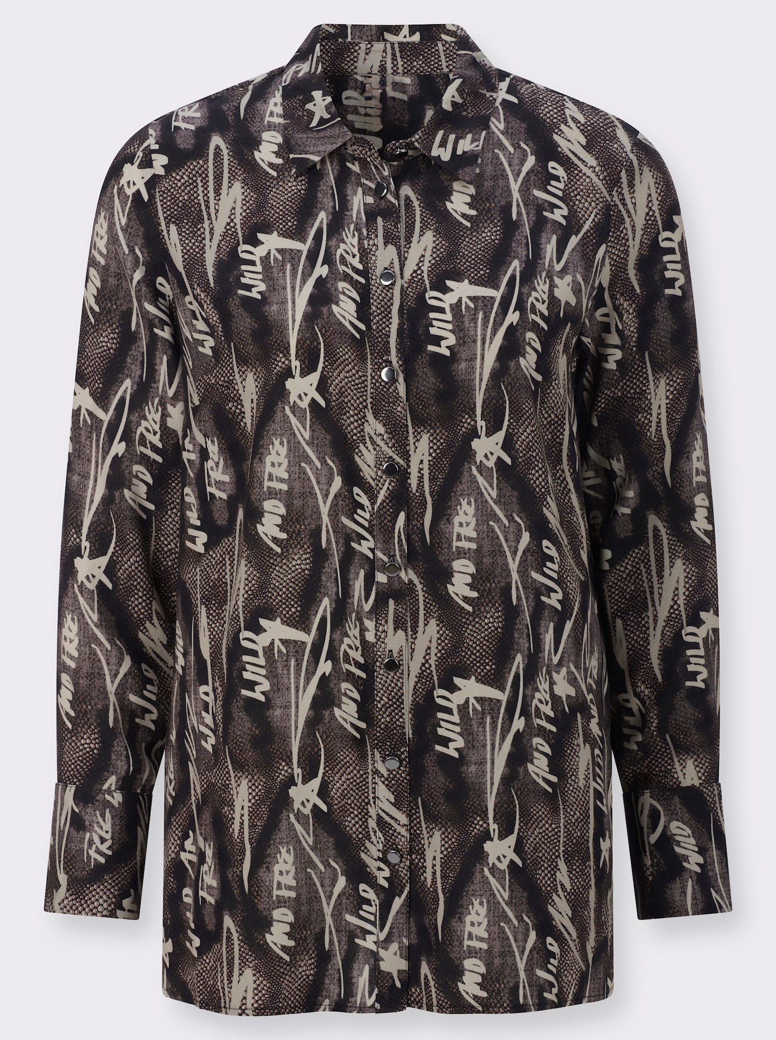 Longbluse aus reiner Viskose - dunkeltaupe-schwarz-bedruckt