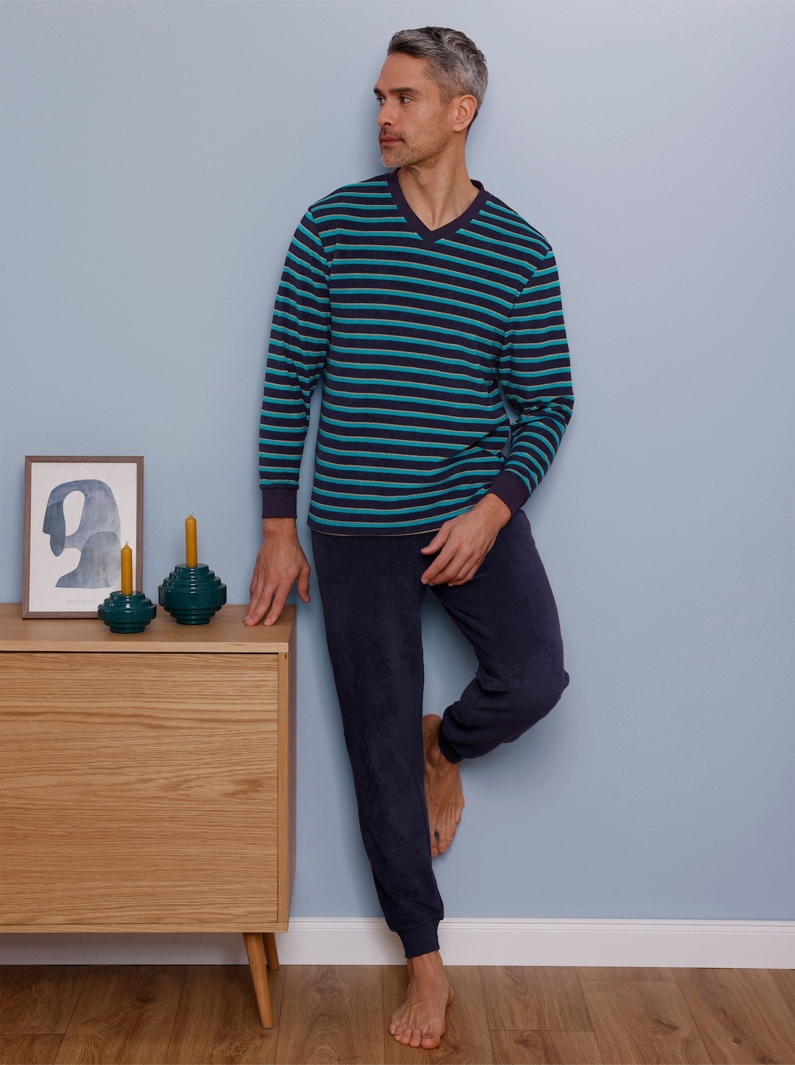 wäschepur men Schlafanzug - marine-türkis-gestreift