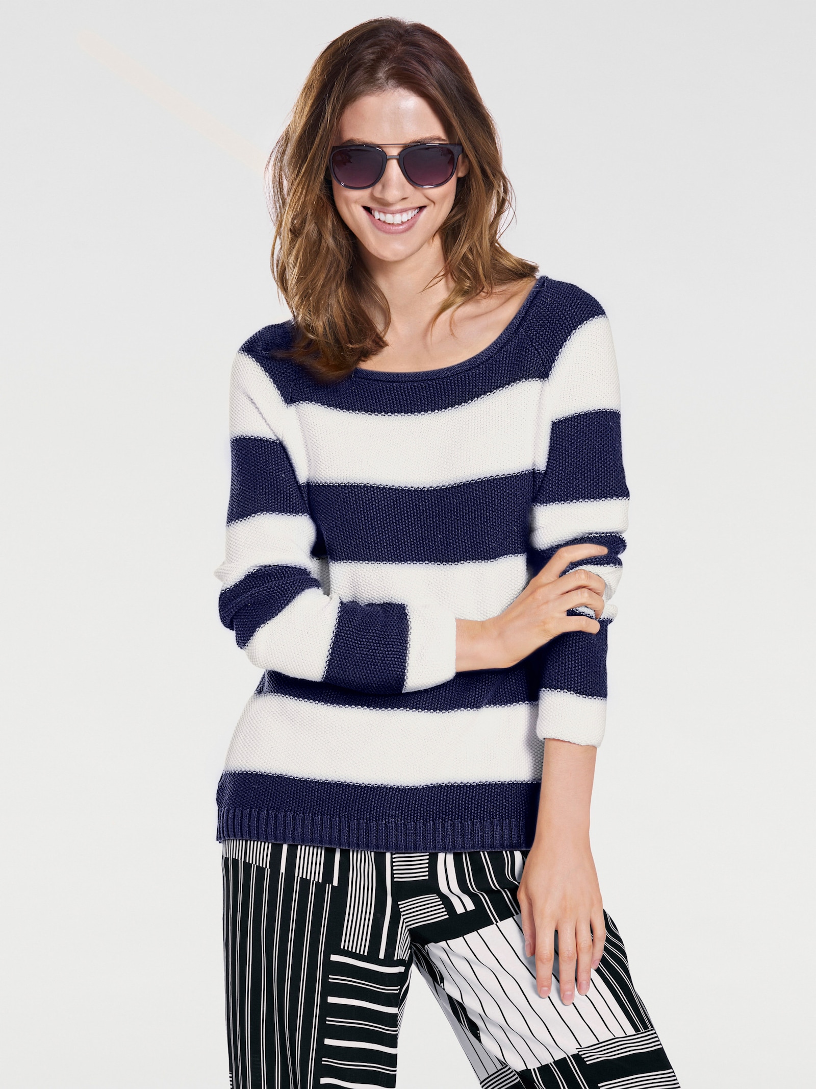 heine Gestreepte pullover met ritssluiting achter - marine/wit