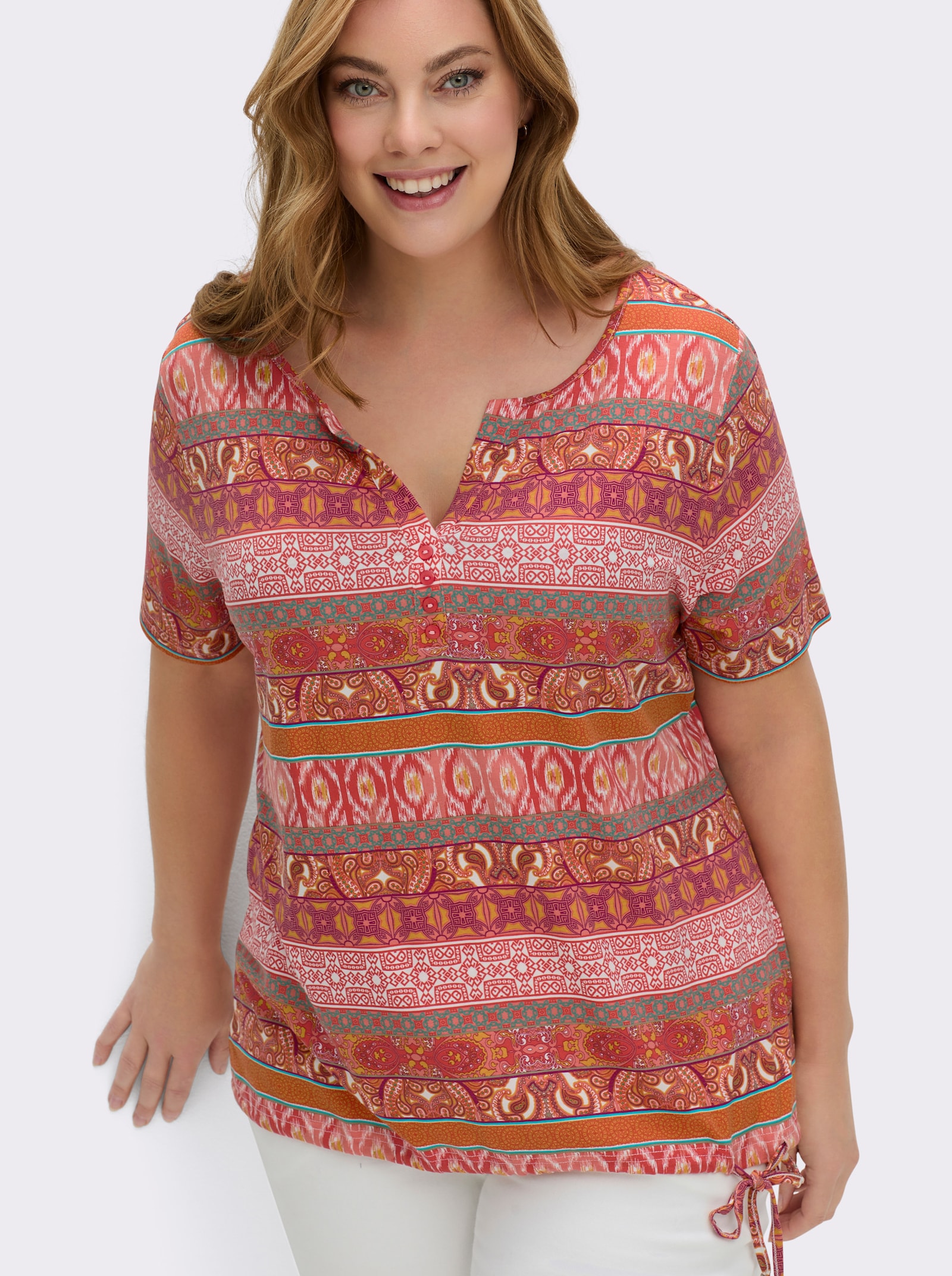 Kurzarmshirt im Ethno-Streifen-Dessin - papaya-terra-bedruckt