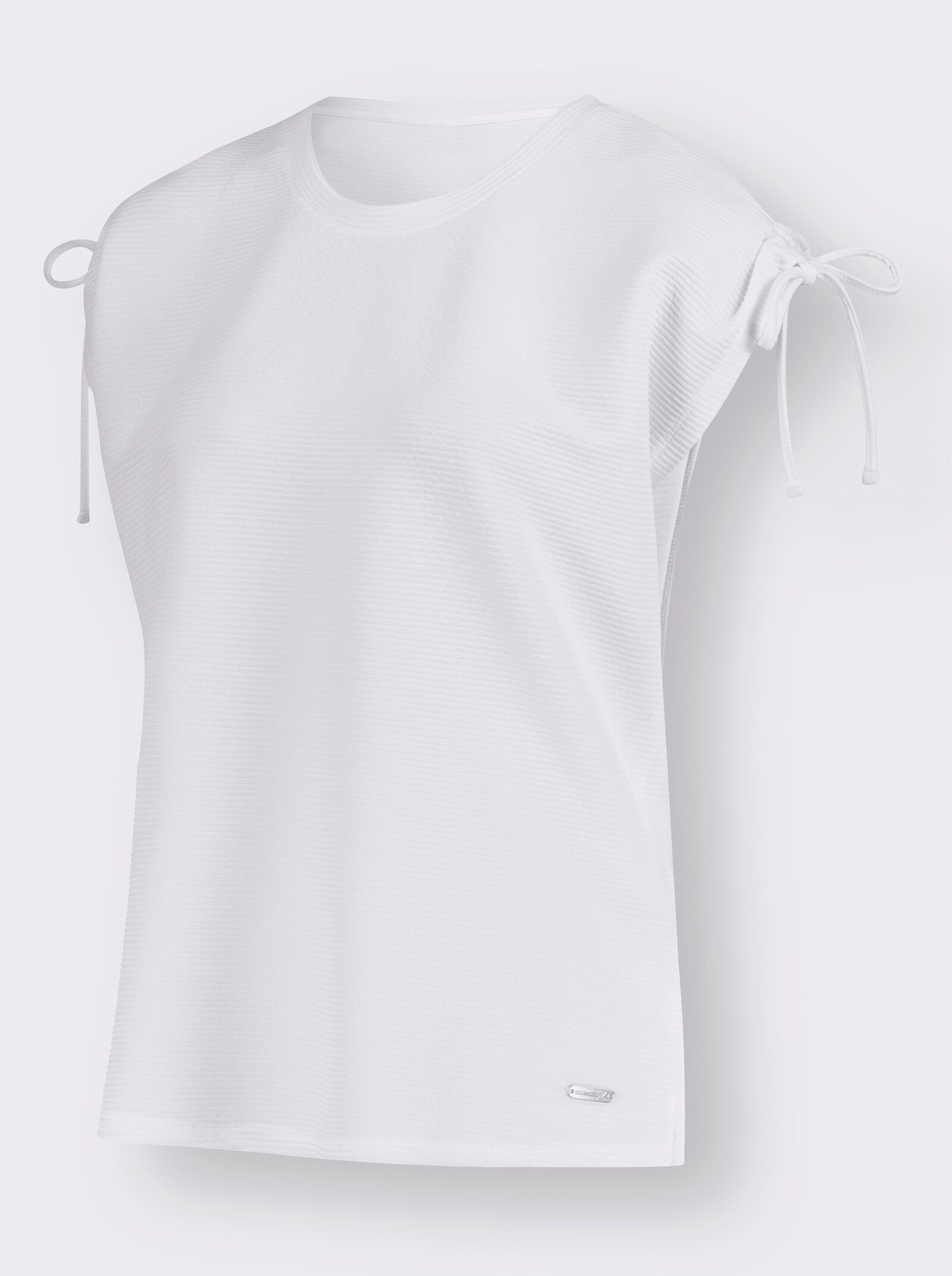Rundhalsshirt mit raffbaren Schultern - weiss