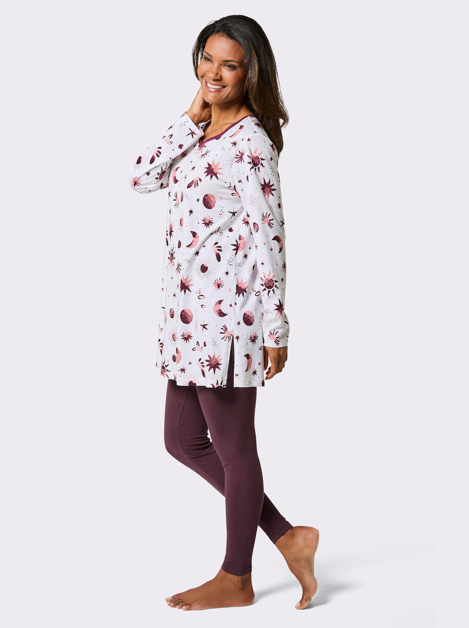 wäschepur Pyjama mit Sonne, Mond und Sternen - ecru-burgund-bedruckt