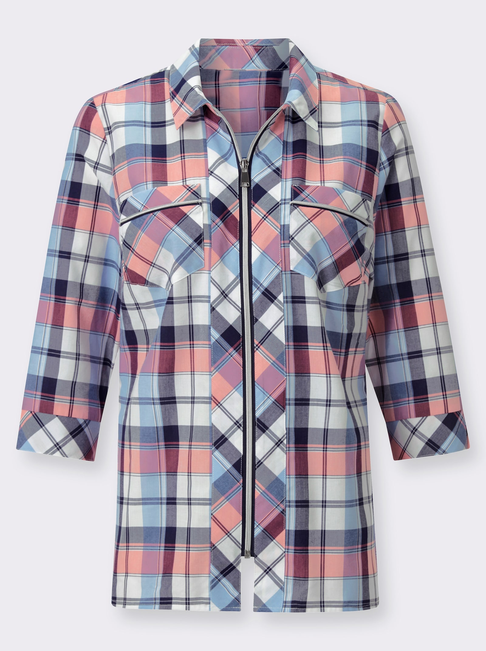 Hemdbluse mit Reißverschluss - flamingo-marine-kariert