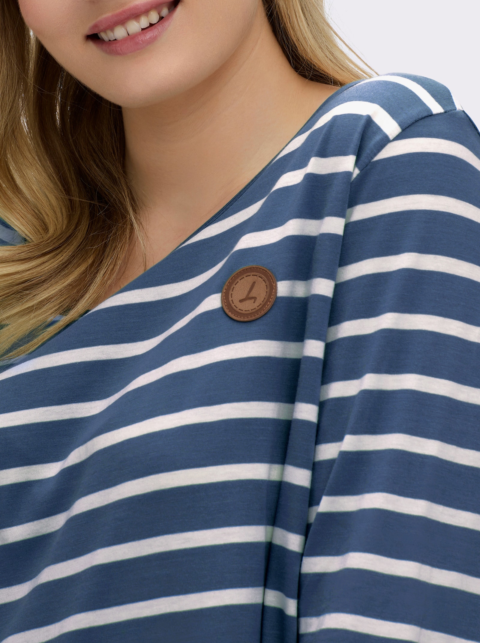 Ringelshirt mit Lederimitat-Patches - jeansblau-ecru-gestreift