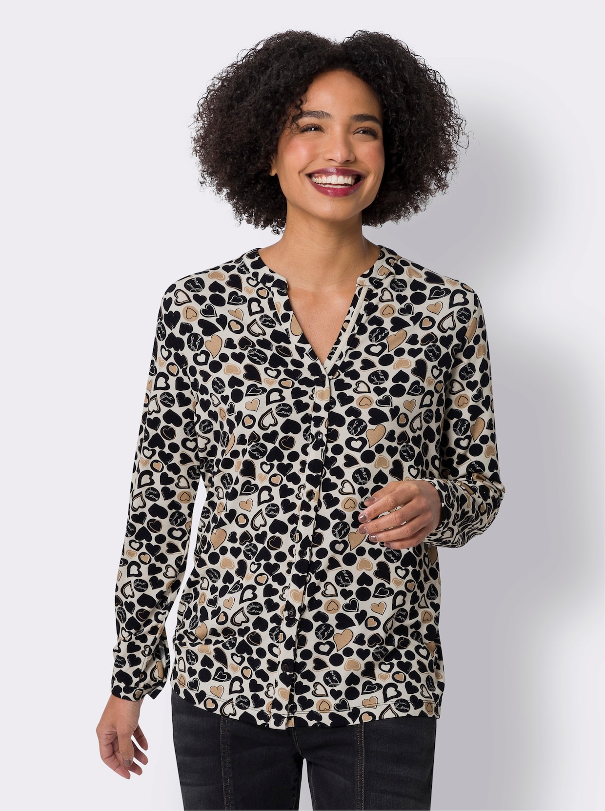 heine Jerseyblouse - champagne/zwart bedrukt
