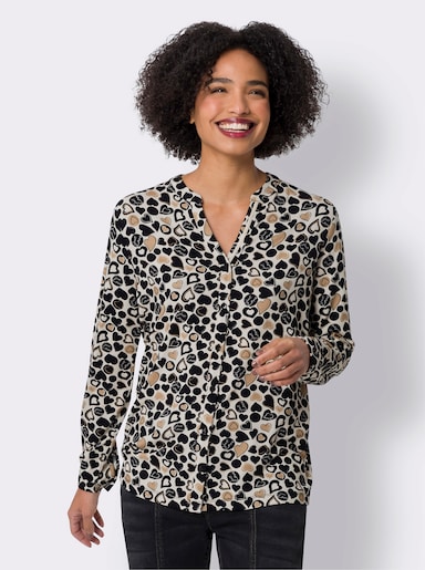 heine Jersey-Bluse mit Herz-Print - champagner-schwarz-bedruckt