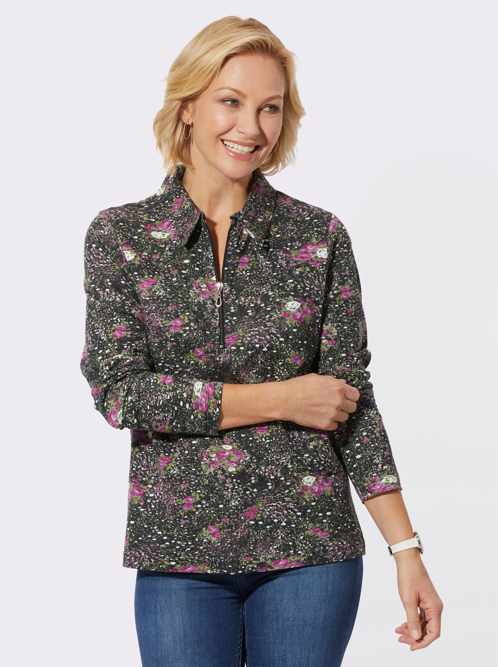 Langarm-Poloshirt in hautsympathischem Single-Jersey - schwarz-violett-bedruckt