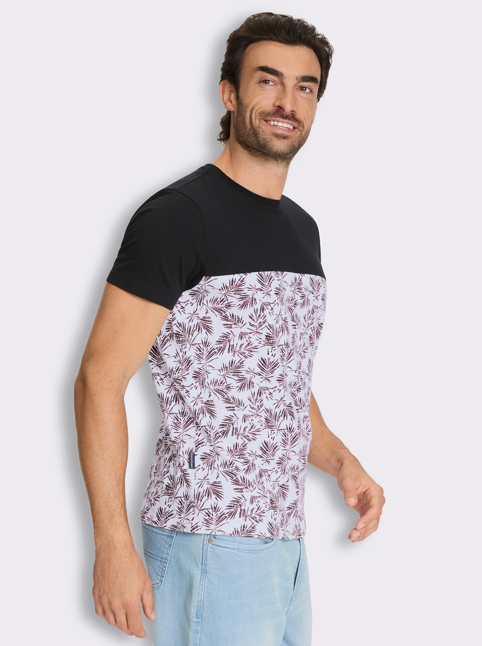 Marco Donati Kurzarmshirt im Mix aus Uni und Blumen-Print - schwarz-weiß-gemustert