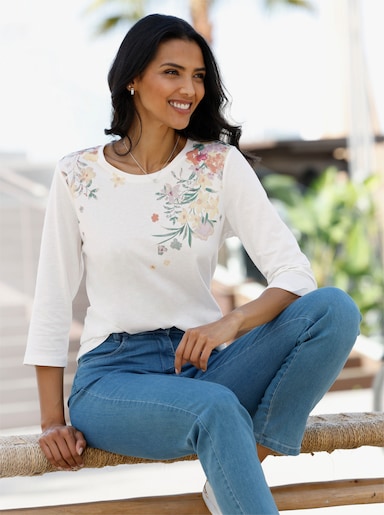 3/4-Arm-Shirt mit floralem Druckmuster - ecru-zitrone-bedruckt