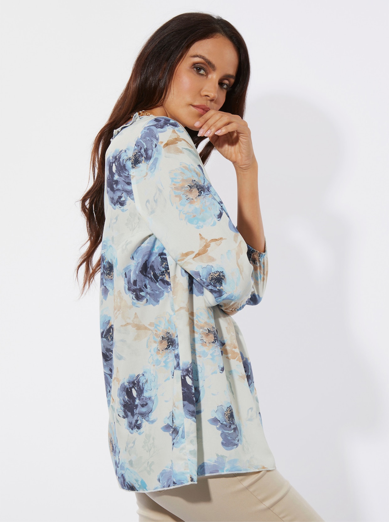 Longbluse - champagner-bleu-bedruckt