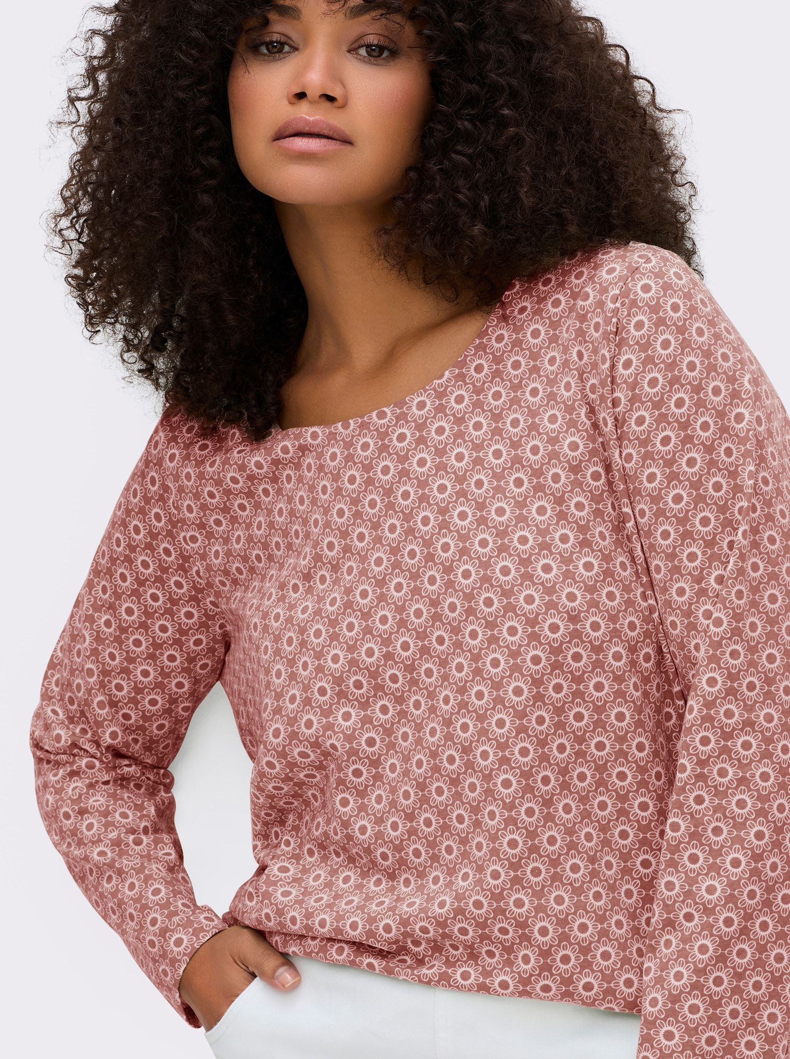 Langarmshirt im Minimal-Dessin - rosenholz-ecru-bedruckt